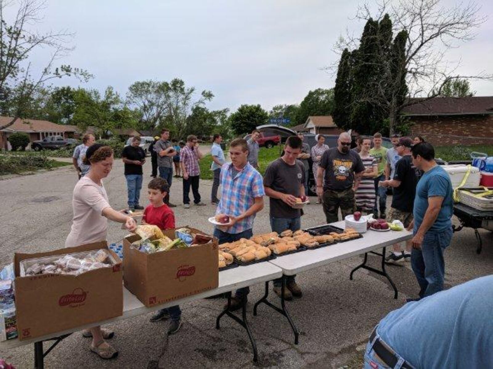 More than 130 tornado victims and volunteers in Trotwood were served Subway sandwiches today. Food and non-perishable items were dropped off at Kingswell Seminary in downtown Middletown. SUBMITTED PHOTO