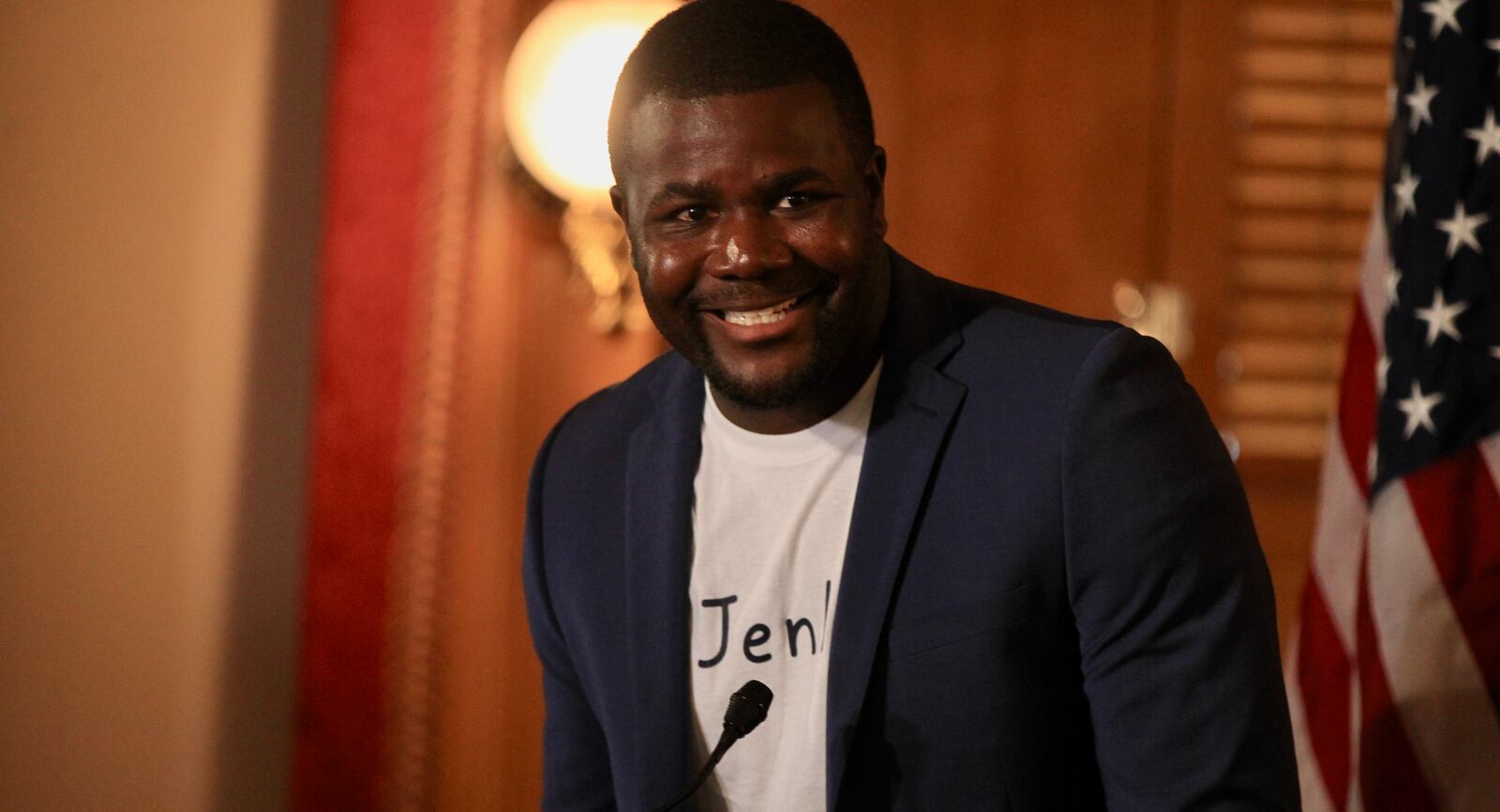 Former Ohio State quarterback Cardale Jones speaks at a press conference at which Ohio Gov. Mike DeWine signed an executive order allowing college athletes to profit off the use of their name, image and likeness on Monday, June 28, 2021, at the Ohio Statehouse. David Jablonski/Staff