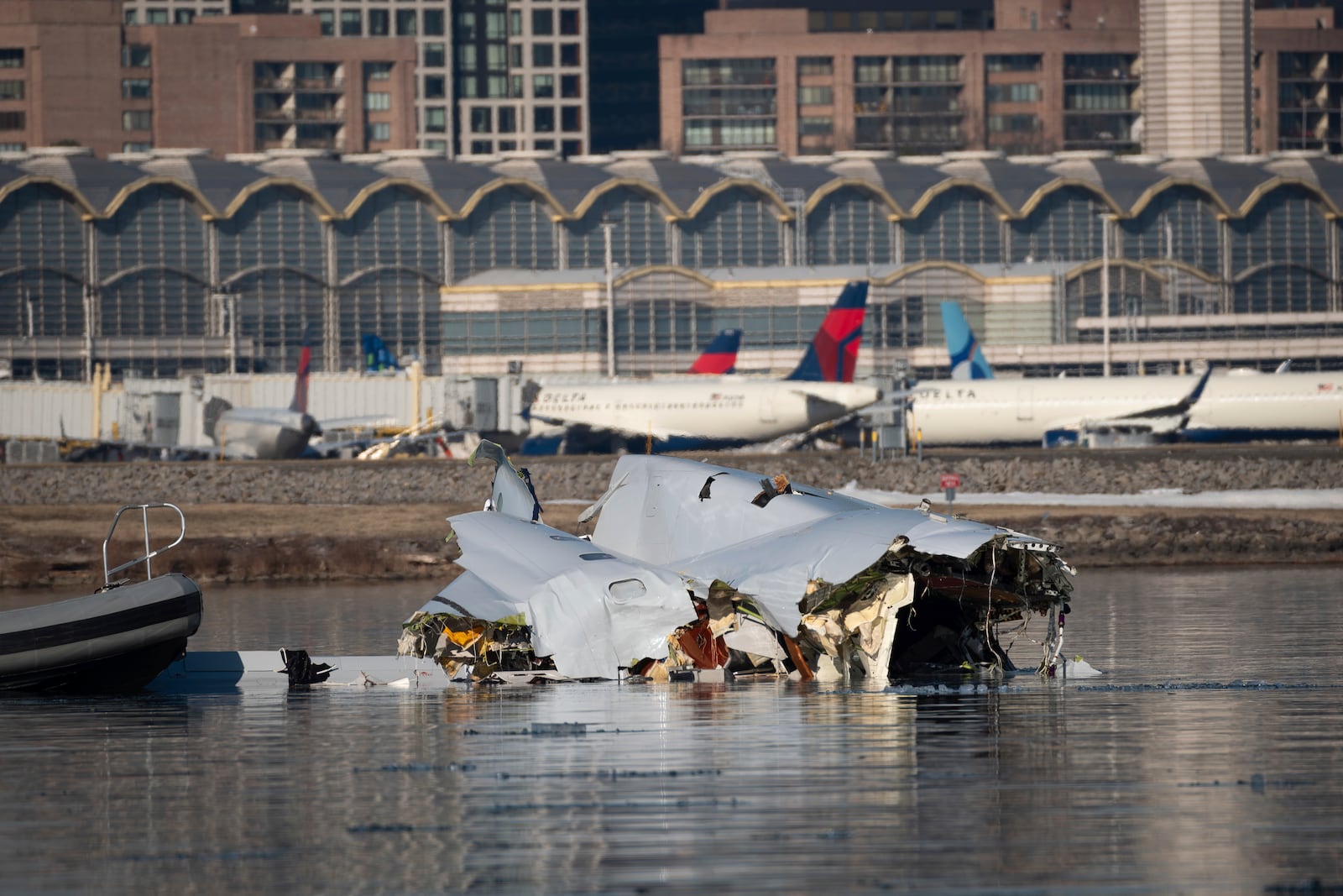 In this image provided by the U.S. Coast Guard, wreckage is seen in the Potomac River near Ronald Reagan Washington National Airport, Thursday, Jan. 30, 2025 in Washington. (Petty Officer 1st Class Brandon Giles, U.S. Coast Guard via AP)