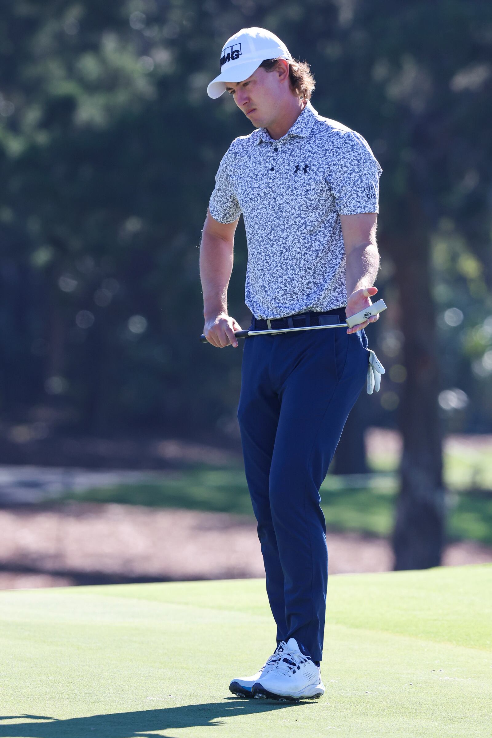 Maverick McNealy studies the second green during the final final round of the RSM Classic golf tournament, Sunday, Nov. 24, 2024, in St. Simons Island, Ga. (AP Photo/Gary McCullough)