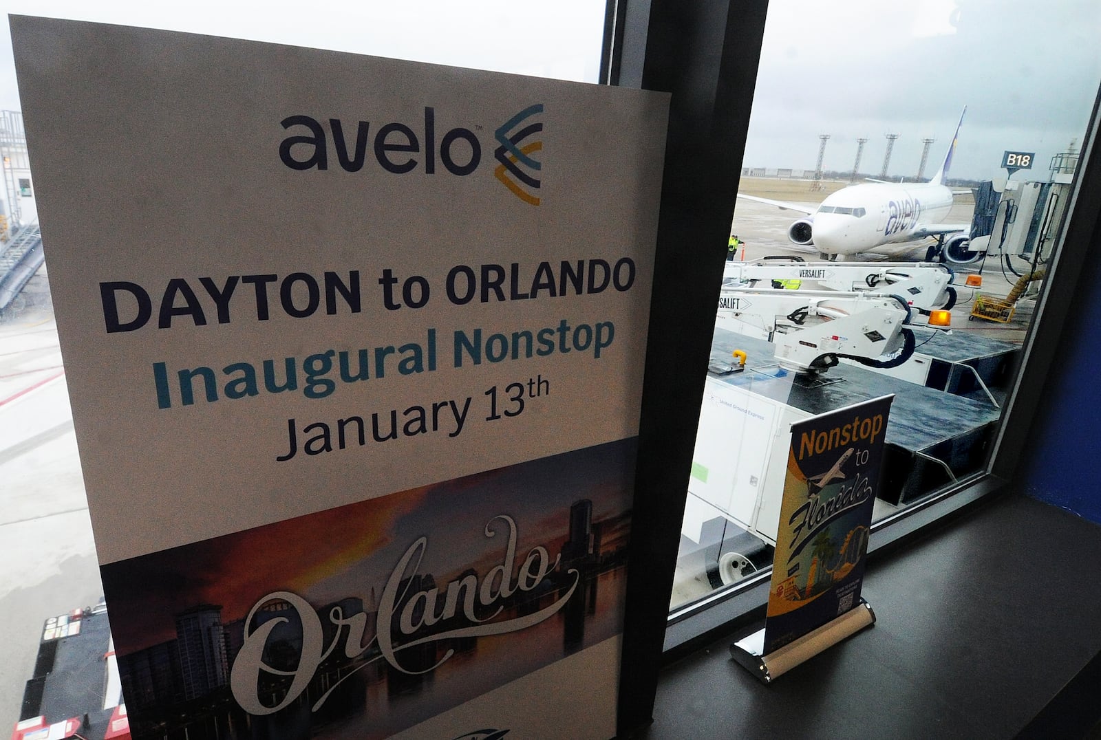 Avelo Airlines celebrated its first flight Friday Jan. 13, 2023 that was sold out at the Dayton International Airport. MARSHALL GORBY\STAFF