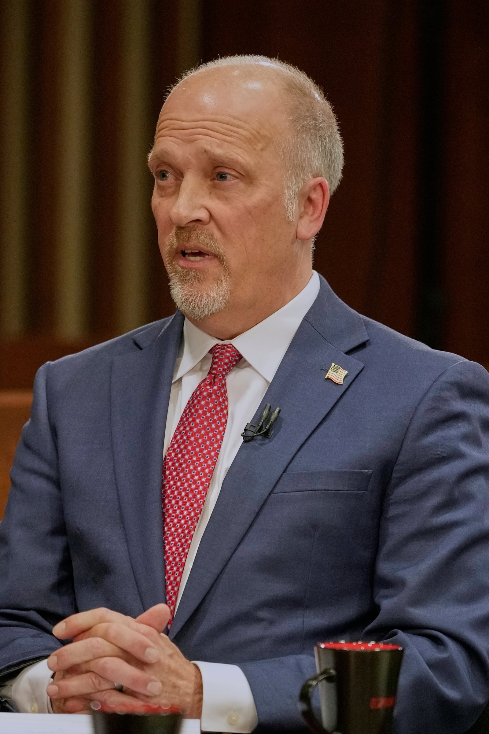 Wisconsin Supreme Court candidate Brad Schimel participates in a debate against Susan Crawford, Wednesday, March 12, 2025, in Milwaukee. (AP Photo/Morry Gash)