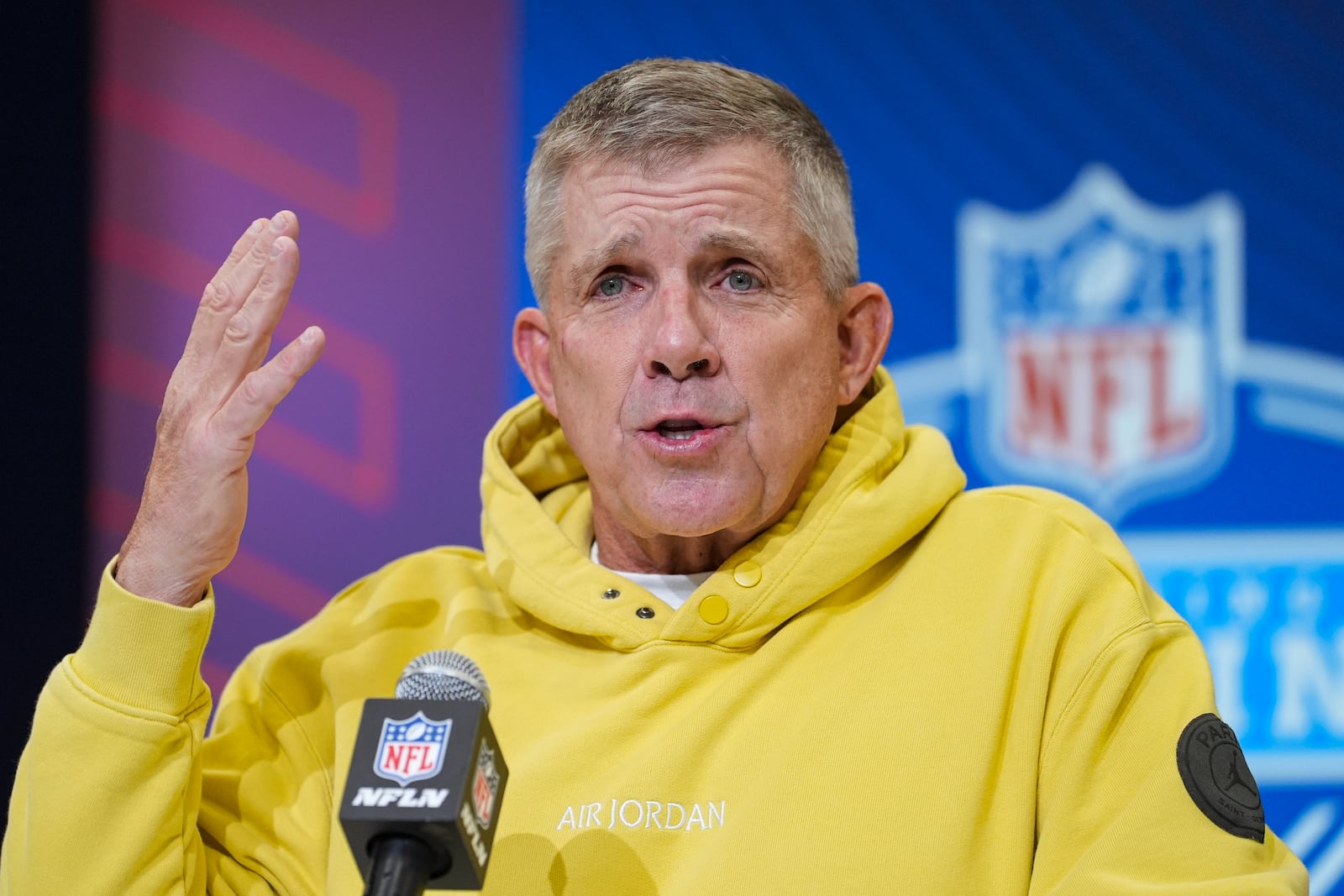 Denver Broncos head coach Sean Payton speaks during a press conference at the NFL football scouting combine in Indianapolis, Tuesday, Feb. 25, 2025. (AP Photo/Michael Conroy)