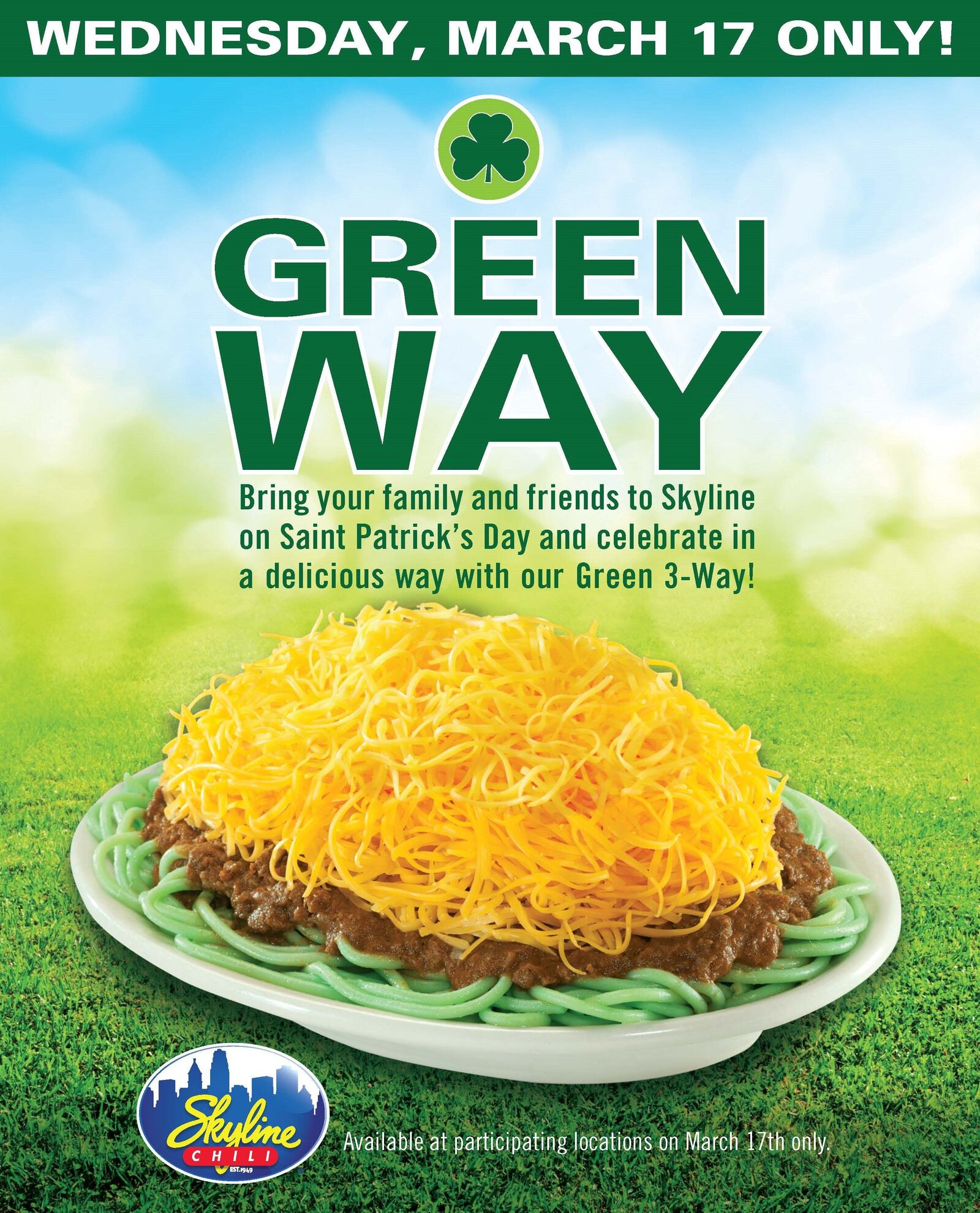 Skyline Chili will be celebrating St. Patrick's Day by serving the Green Way at area locations on Wednesday, March 17.