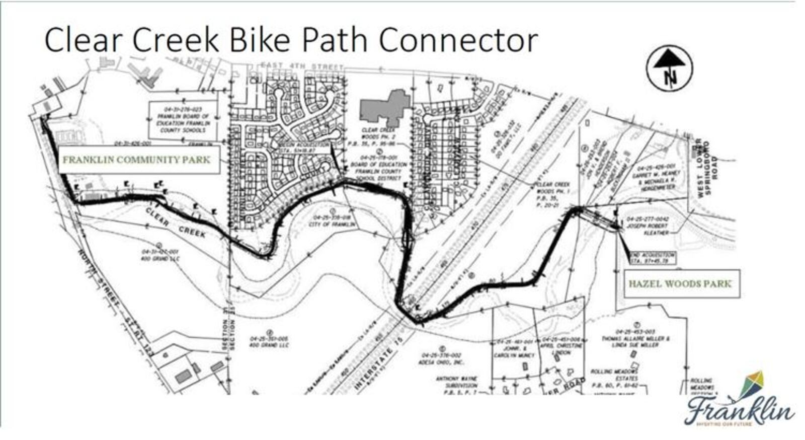 This is the map of the Clear Creek Bike Path Connector between Franklin Community Park and Hazel Woods Park in Springboro. World affairs have increased the costs for steel and other materials for the nearly 1.7-mile bike path along Clear Creek. The cost of the project has increased from $2.72 million to more than $3.74 million. Franklin officials are working to find additional funding to ensure the completion of the project. CONTRIBUTED/OHIO DEPARTMENT OF TRANSPORTATION/CITY OF FRANKLIN