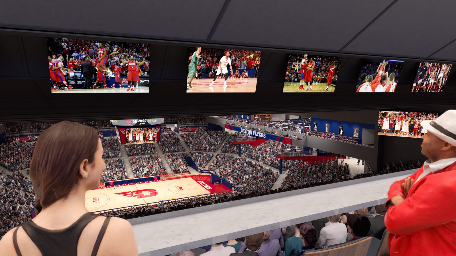 Renderings of proposed renovations to UD Arena. The $72 million in renovations will feature new premier seating, an expanded concourse and changes to the building’s exterior. CONTRIBUTED