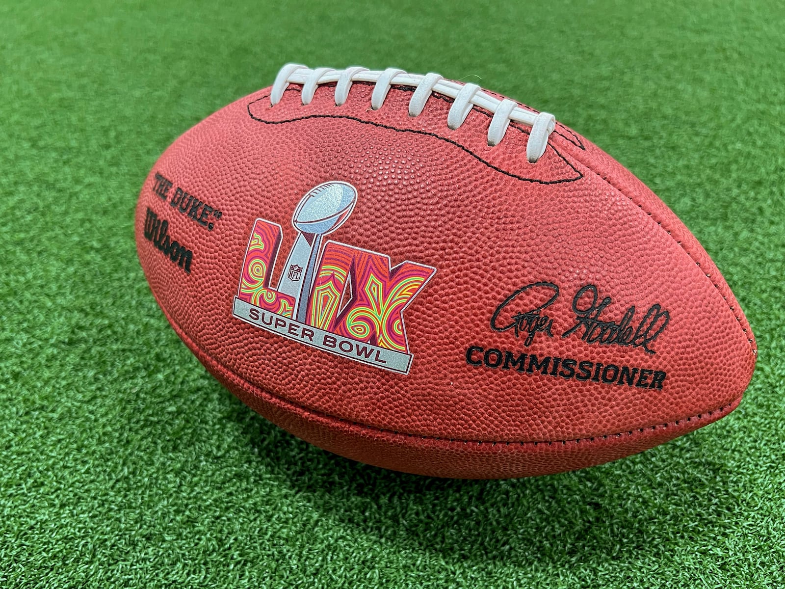 One of the official balls for the NFL Super Bowl football game is seen at the Wilson Sporting Goods football factory, Monday, January 27, 2025, in Ada, Ohio. (AP Photo/Patrick Aftoora-Orsagos)