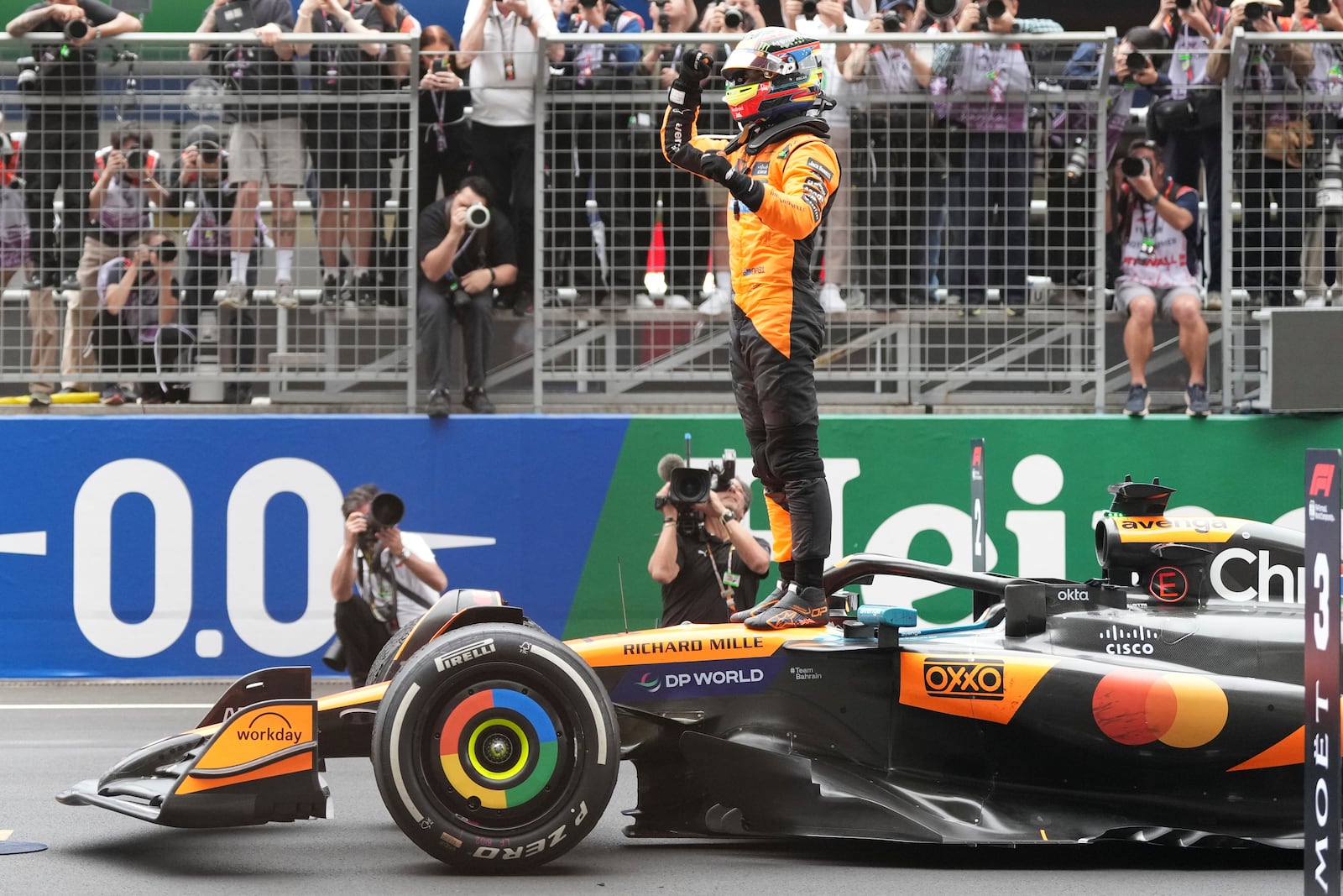 McLaren driver Oscar Piastri of Australia celebrates after winning the Chinese Formula One Grand Prix race at the Shanghai International Circuit, Shanghai, Sunday, March 23, 2025. (AP Photo)