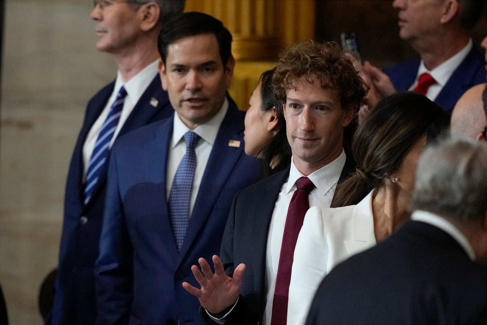 Facebook CEO Mark Zuckerberg, followed by Secretary of State nominee Marco Rubio, arrives before the 60th Presidential Inauguration in the Rotunda of the U.S. Capitol in Washington, Monday, Jan. 20, 2025. (AP Photo/Julia Demaree Nikhinson, Pool)