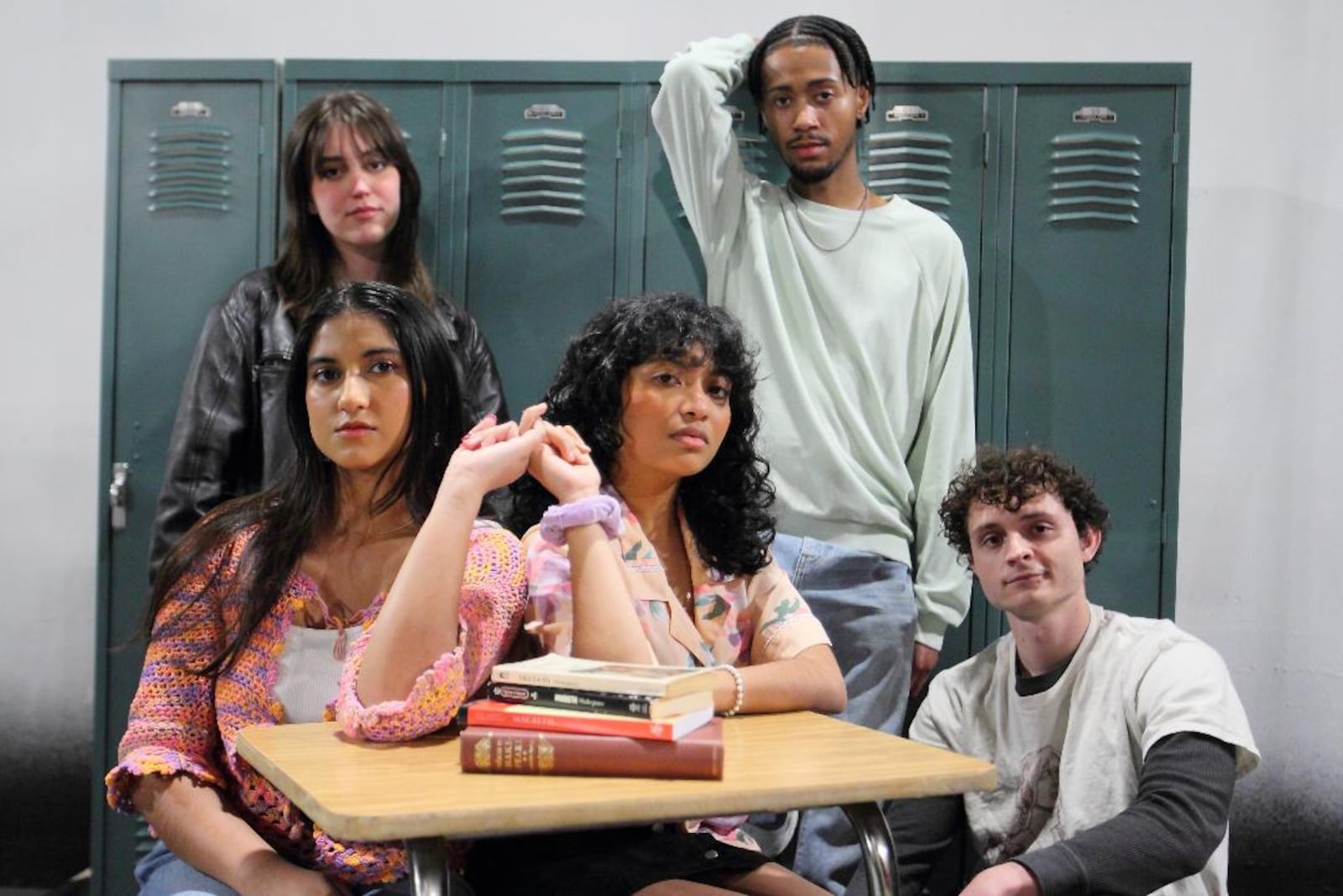 Front row left to right: Palini Sunkara (L), Dinithi Fernando (M), Matthew Shanahan (D and D’s Brother); Standing left to right: Sydney Freihofer (Dirty Girl/Preppy Girl) and Dominique Owen (BF) in the Human Race Theatre Company's production of "Peerless." PHOTO BY HUMAN RACE THEATRE COMPANY