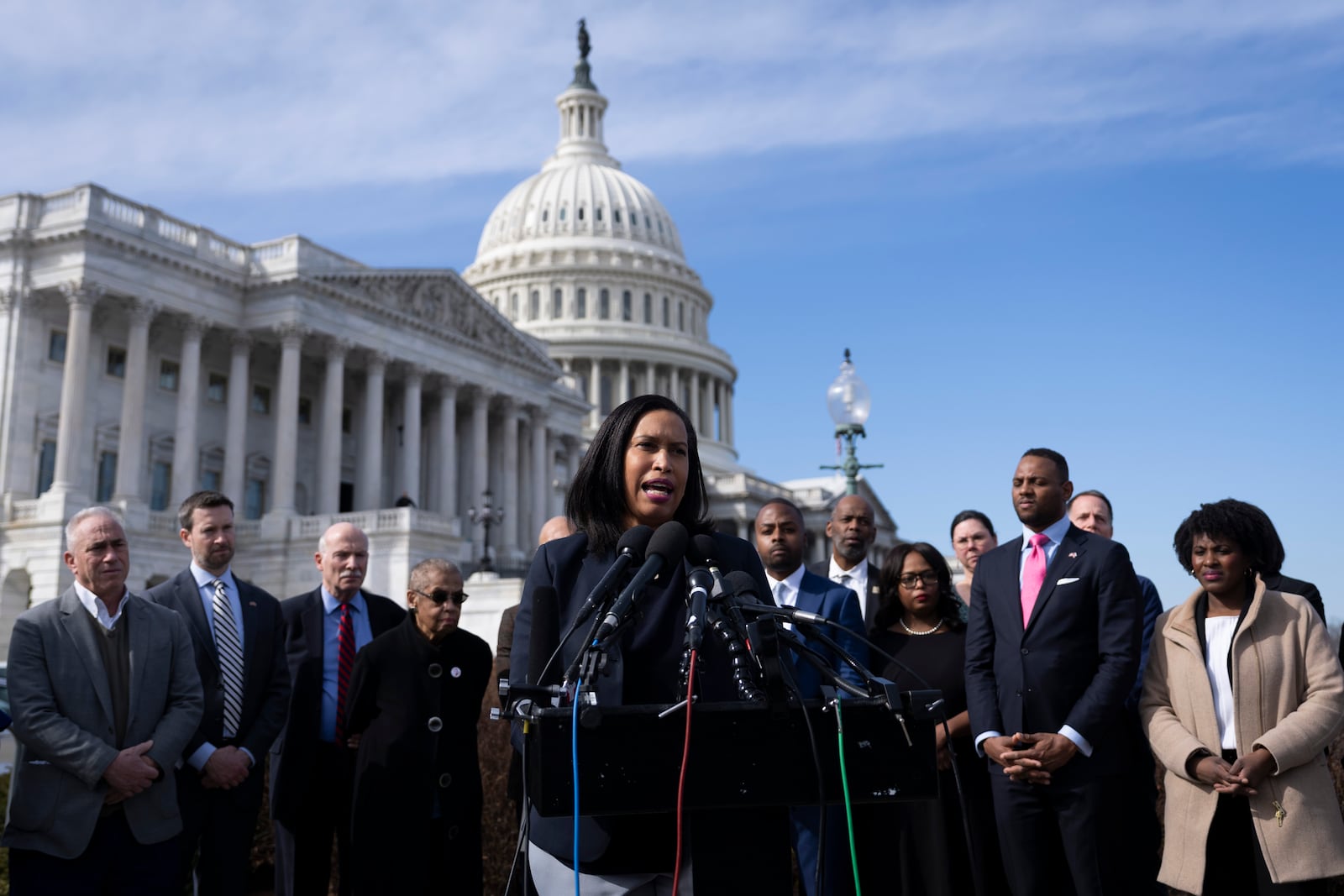 District of Columbia Mayor Muriel Bowser speaks at a news conference to address the impact of the proposed continuing resolution, on Capitol Hill in Washington, Monday, March 10, 2025. (AP Photo/Ben Curtis)