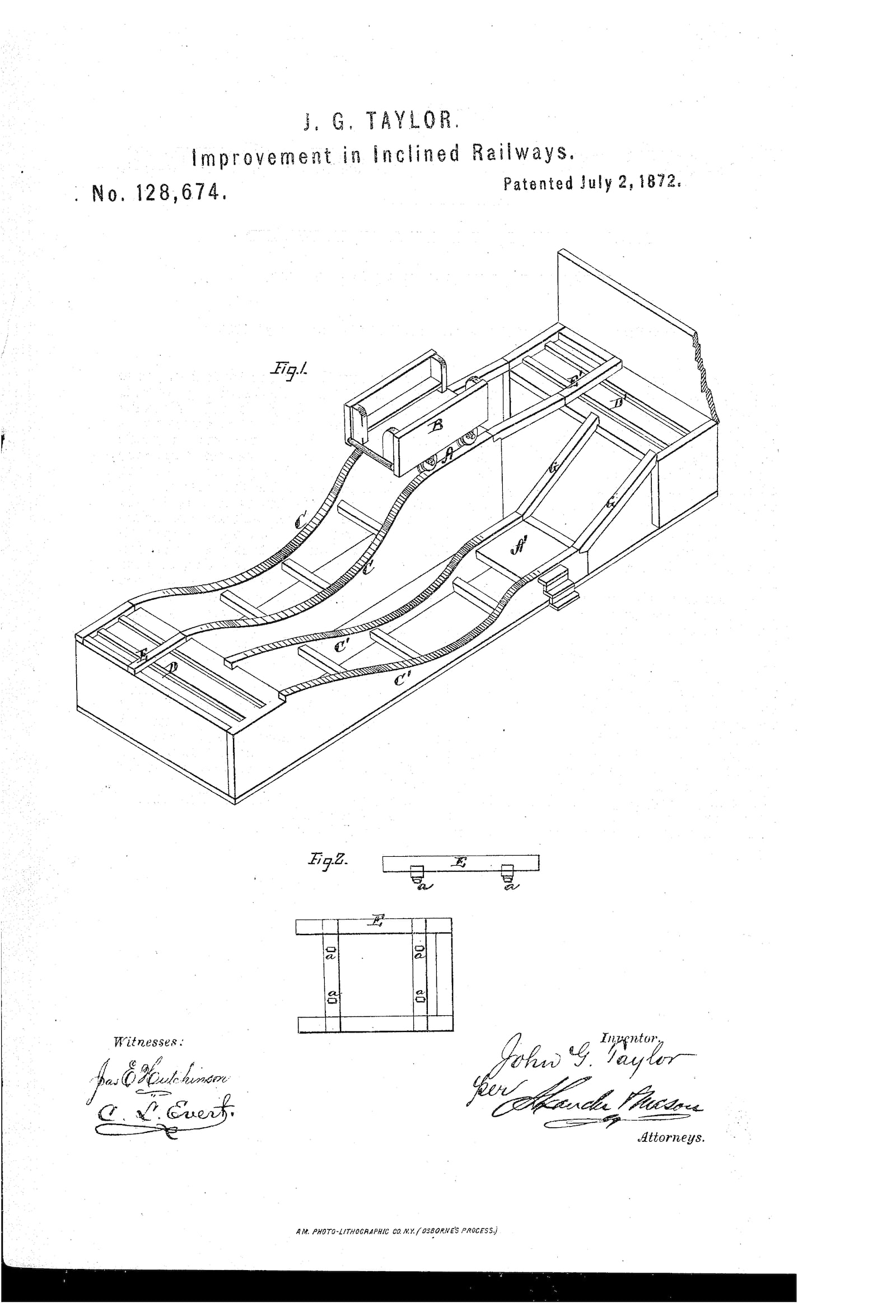 Expired patents for roller coaster designs created in the 19th century. Contributed