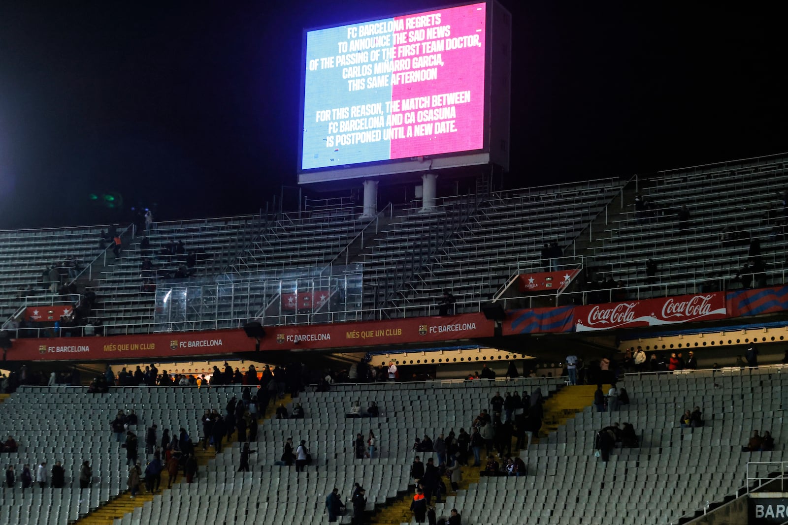 The screen with information that the Spanish La Liga soccer match between Barcelona and Osasuna is cancelled, at the Lluis Companys Olympic Stadium, in Barcelona, Spain, Saturday, March 8, 2025. (AP Photo/Joan Monfort)