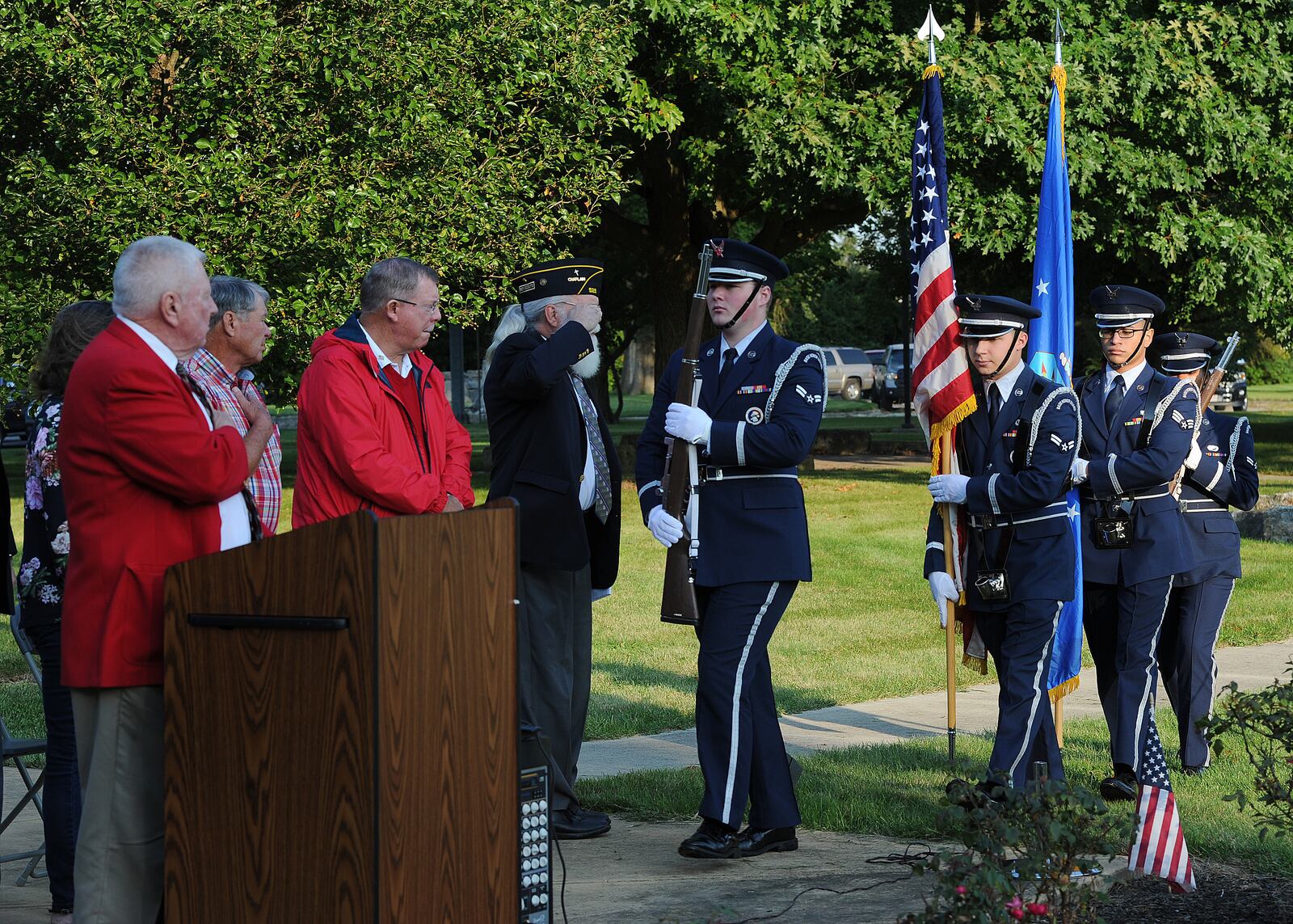 The Wright-Patterson Air Force Base Honor Guard did the presentation of colors at the Fairborn 20th annual 9/11 Memorial Ceremony Saturday, Sept. 11, 2021 on the front lawn of Calamityville, the National Center for Medical Readiness. MARSHALL GORBY/STAFF 