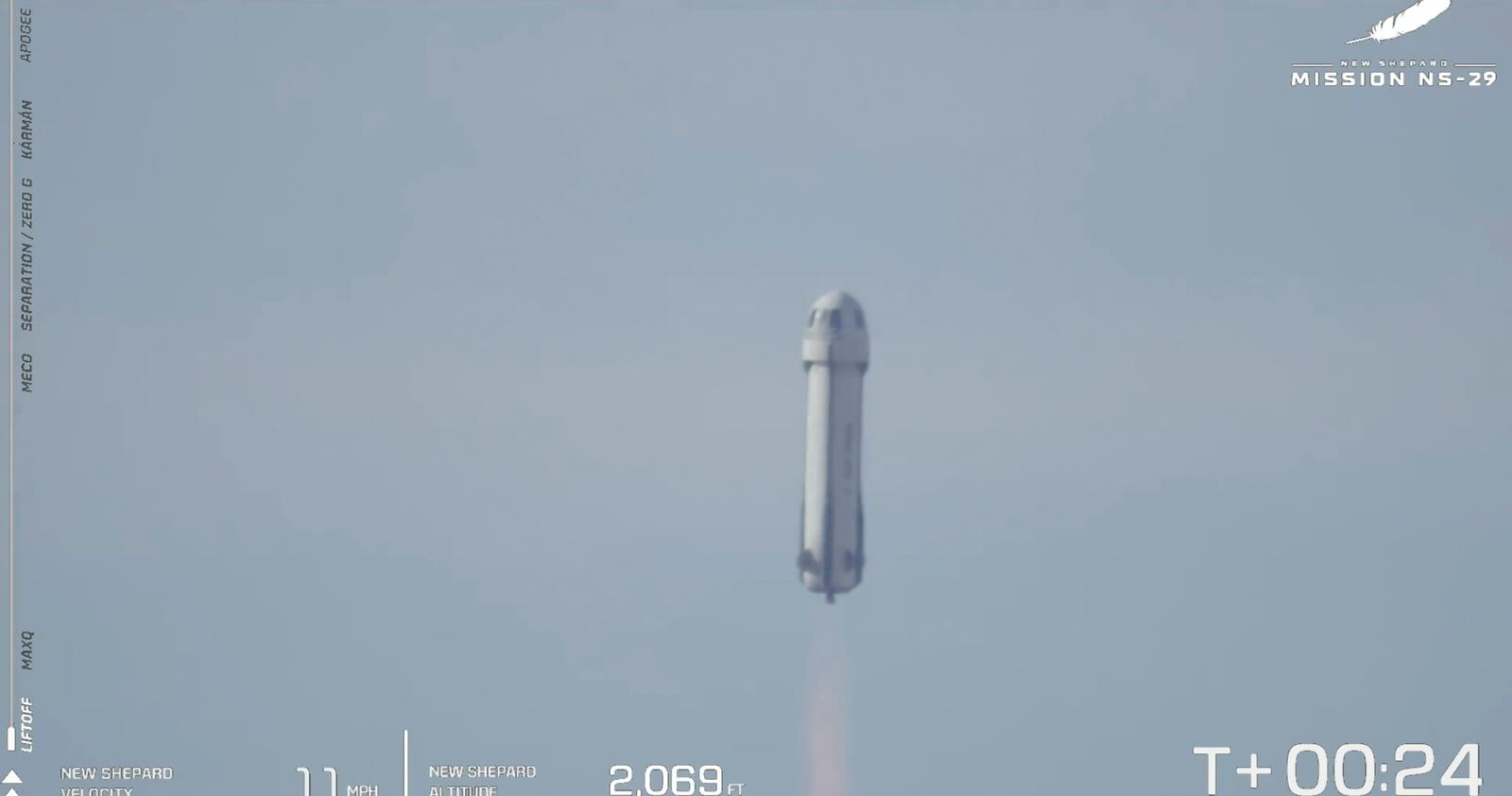 This image provided by Blue Origin shows New Shepard seconds after takeoff in West Texas, Tuesday, Feb. 4, 2025. (Blue Origin via AP)