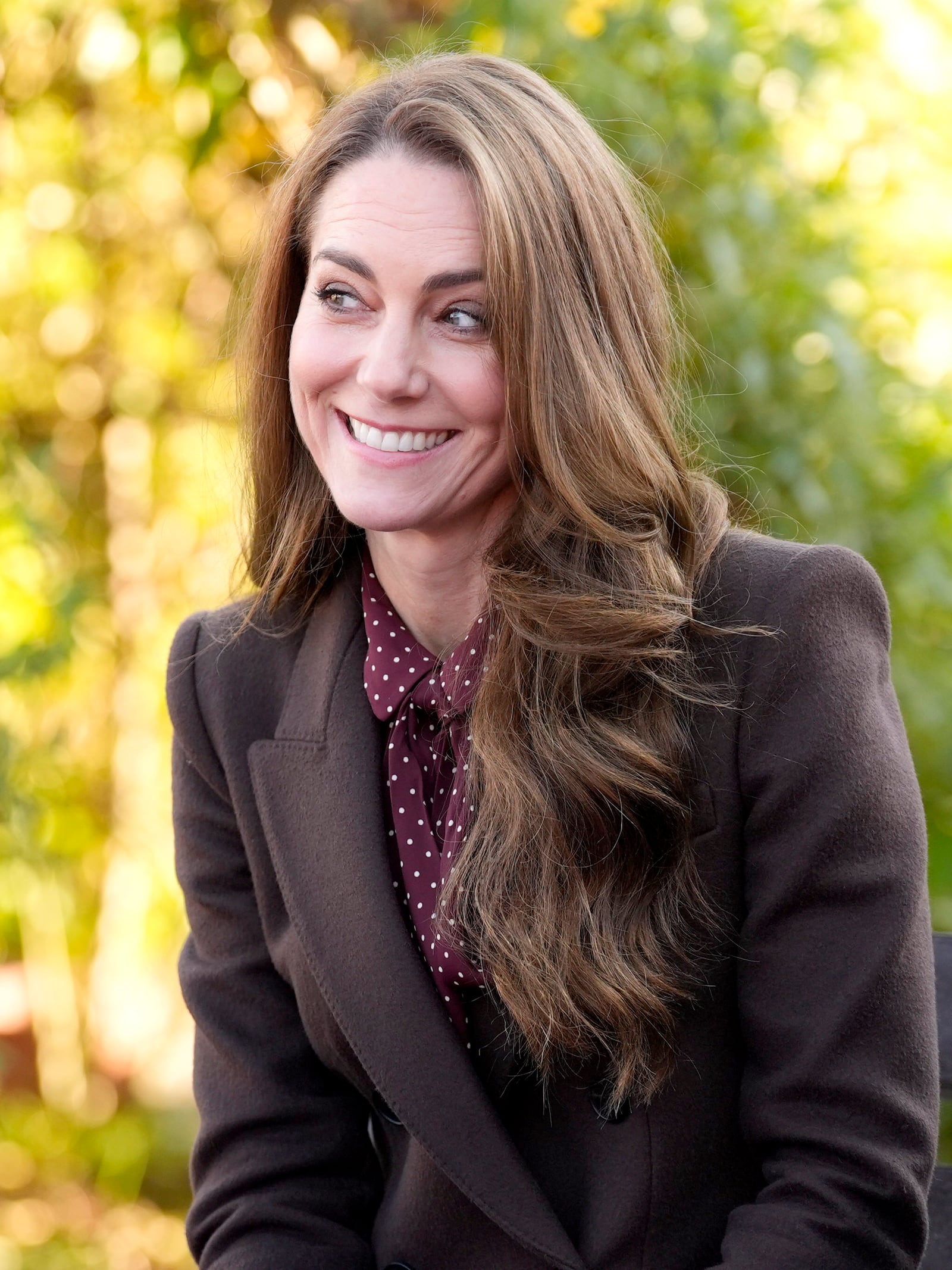 Britain's Kate, Princess of Wales, smiles as she meets rescue workers and the families of those caught up in the Southport knife attack earlier this year in Southport, England, Thursday, Oct. 10, 2024. (Danny Lawson, Pool Photo via AP)