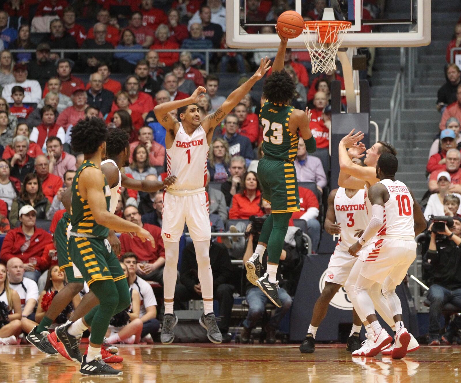 George Mason’s Javon Greene shoots against Dayton on Wednesday, Jan. 23, 2019, at UD Arena.