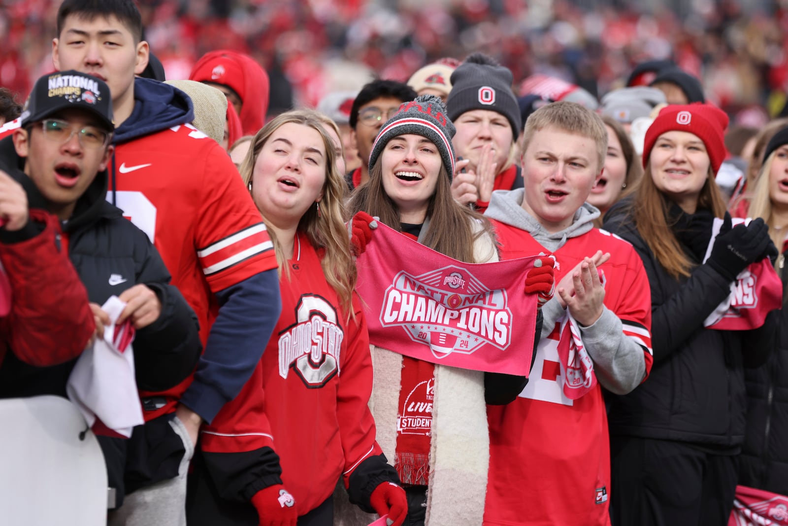 Ohio State Buckeyes football fans cheer during the National Championship celebration at Ohio Stadium in Columbus, Ohio, Sunday, Jan. 26, 2025. (AP Photo/Joe Maiorana)