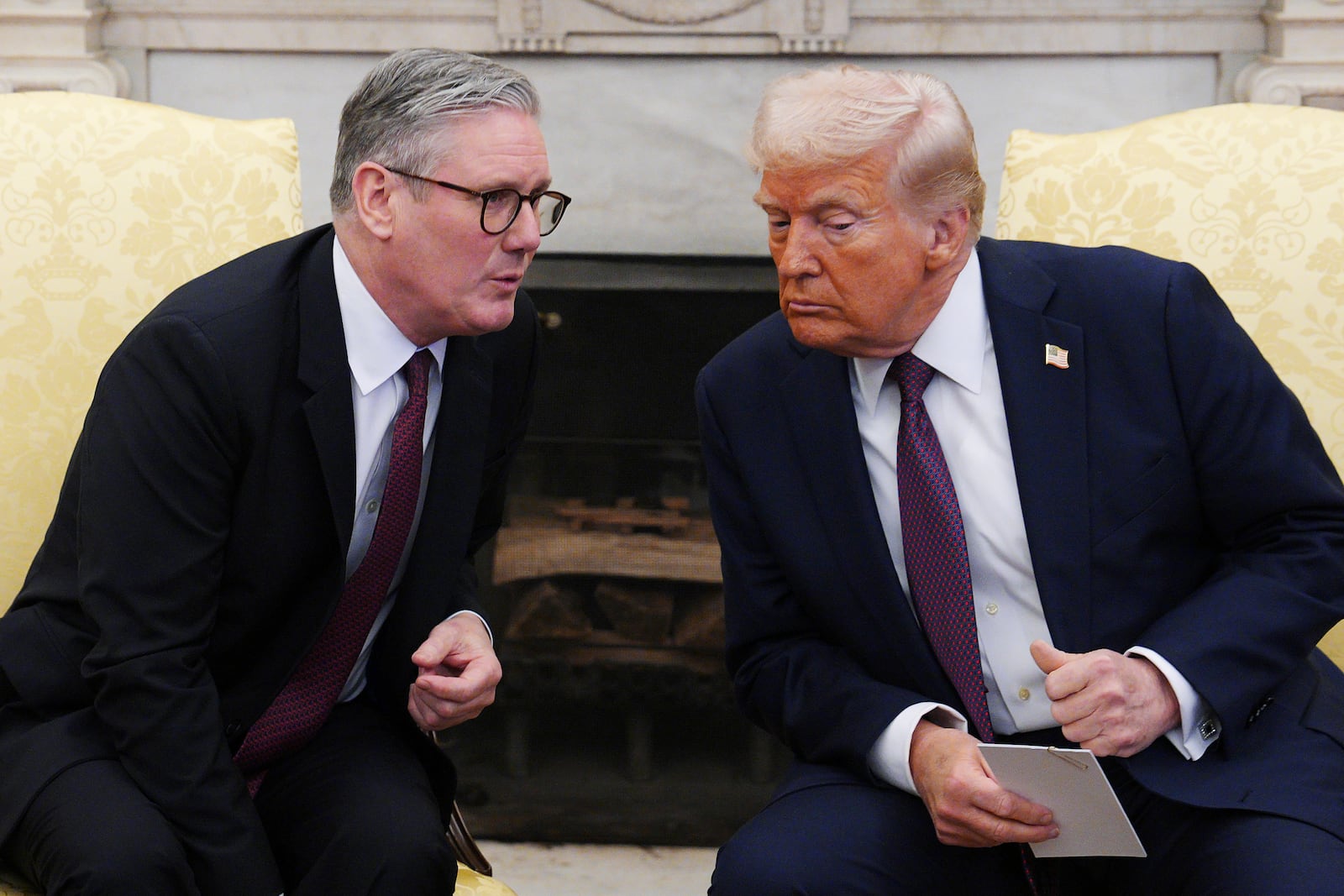 President Donald Trump meets with British Prime Minister Keir Starmer, left, at the White House, Thursday, Feb. 27, 2025, in Washington. (Carl Court/Pool via AP)