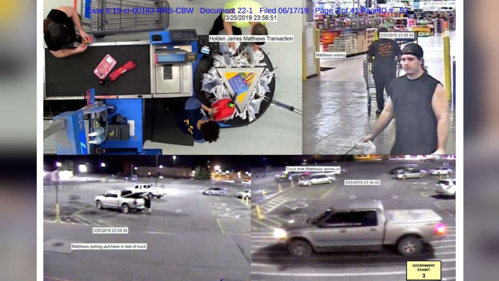 Surveillance footage shot inside and outside a Walmart March 25, 2019, in Opelousas, La., shows Holden Matthews buying items used to set fire to three black churches in a 10-day spree that began hours later. Matthews, 22, pleaded guilty Monday, Feb. 10, 2020, to setting all three fires. (U.S. District Court Western District of Louisiana)