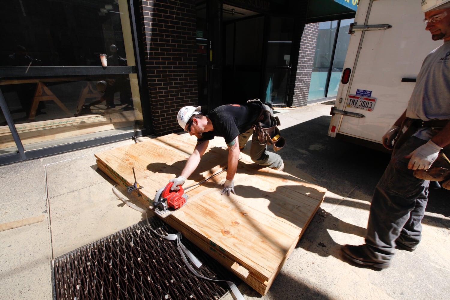 Arcade windows being boarded up