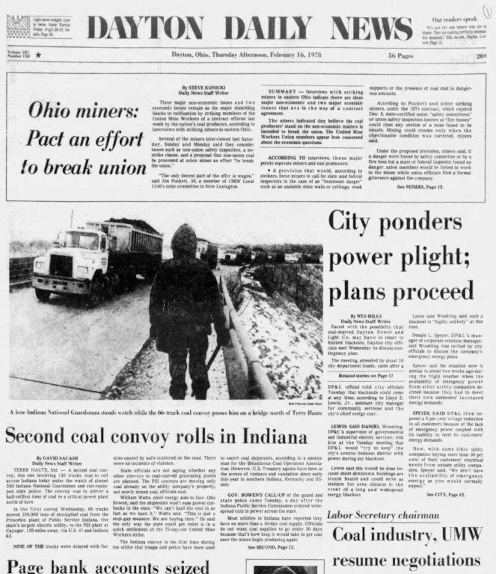 Dayton Daily News front page of Feb. 16, 1978.