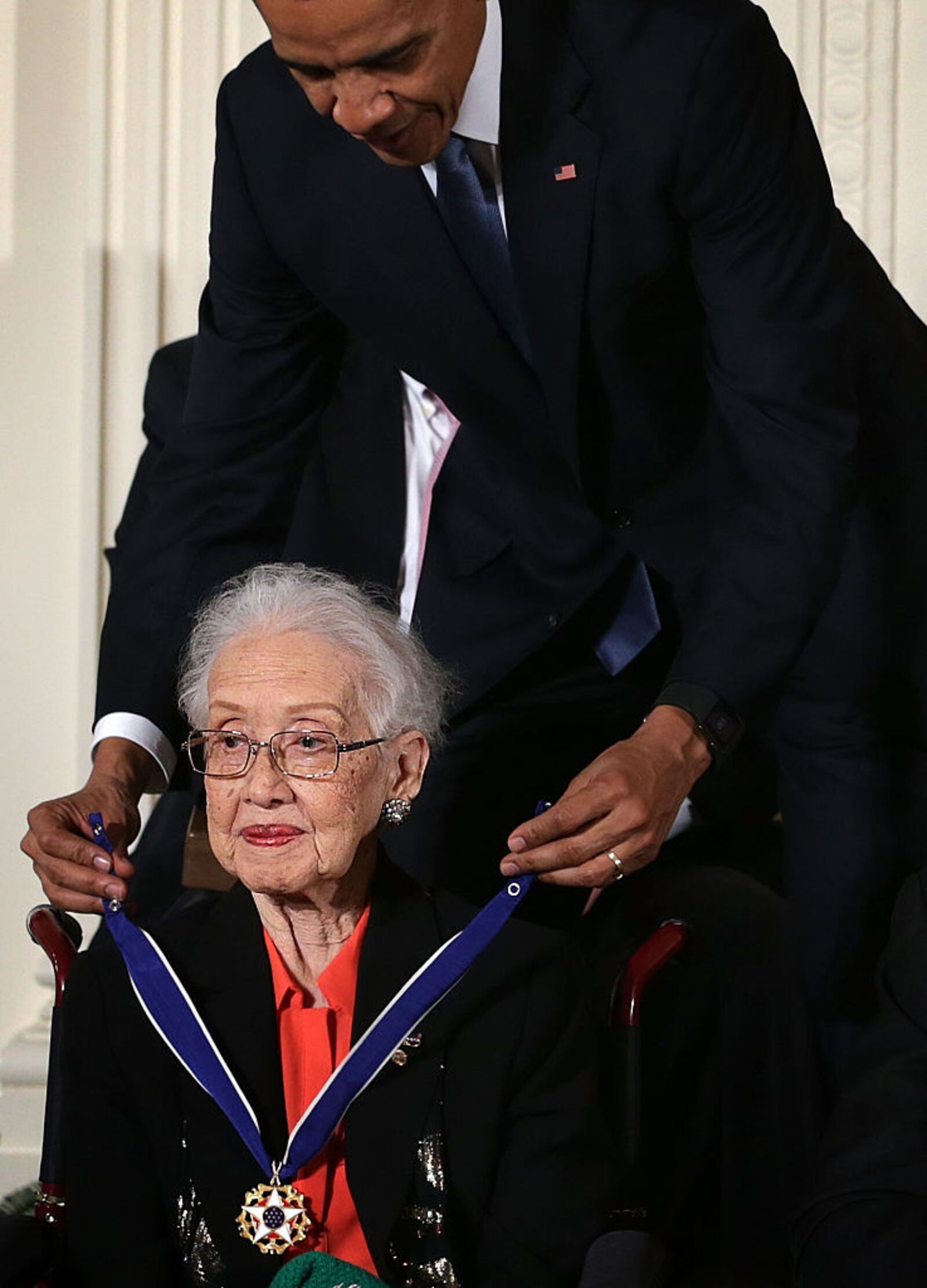 WASHINGTON, DC - NOVEMBER 24:  U.S. President Barack Obama presents the Presidential Medal of Freedom to former NASA mathematician Katherine G. Johnson during an East Room ceremony November 24, 2015 at the White House in Washington, DC. Seventeen recipients were awarded with the nation's highest civilian honor.