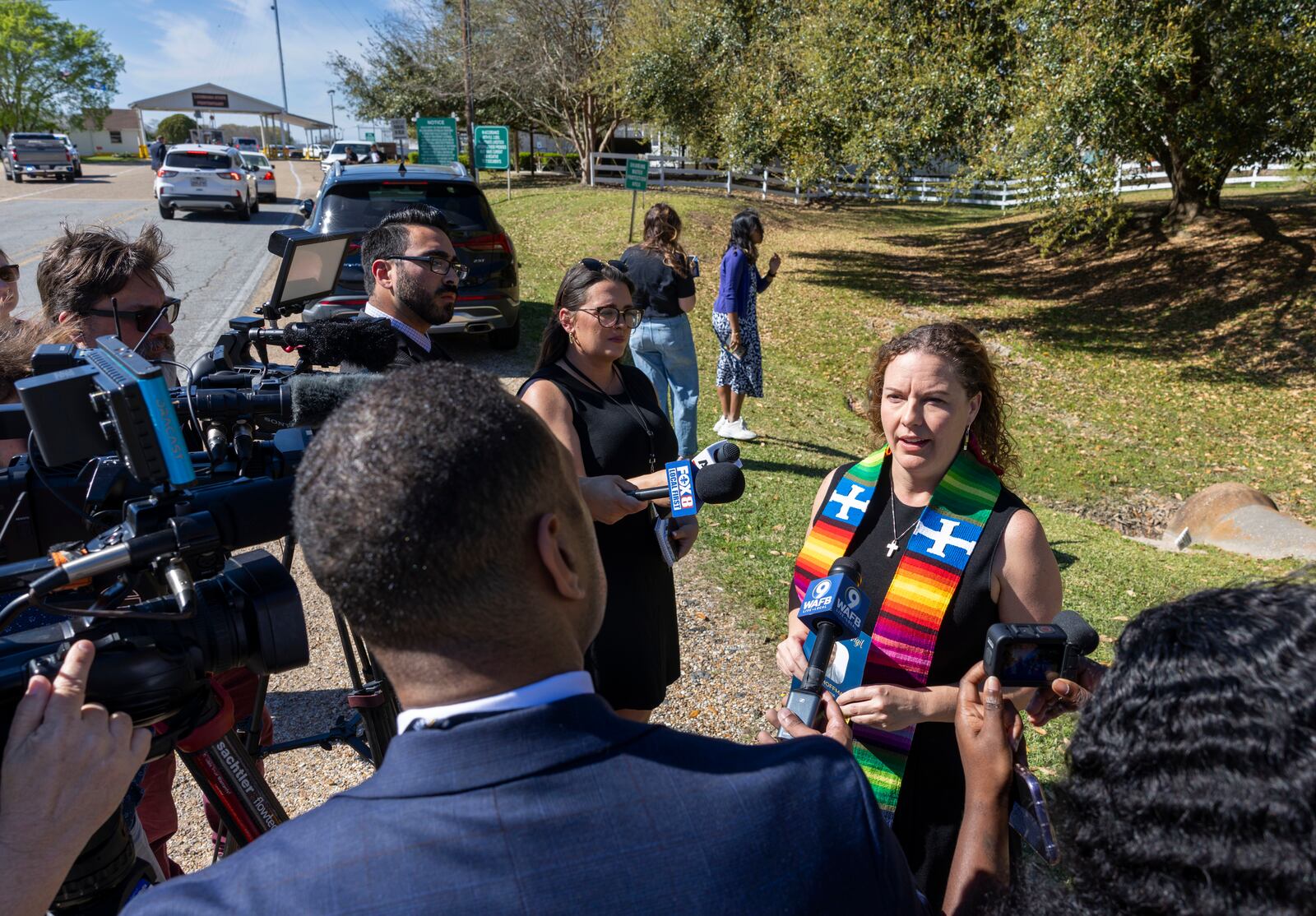 Alison McCray, right, director of Louisiana InterFaith against Executions, talks to the media as she and other supporters of Jessie Hoffman, Jr., gather outside the Louisiana State Penitentiary hours before his execution Tuesday, March 18, 2025, in Angola, La. Hoffman was convicted in the 1996 murder of Mary "Molly" Elliott. (Chris Granger/The Times-Picayune/The New Orleans Advocate via AP)