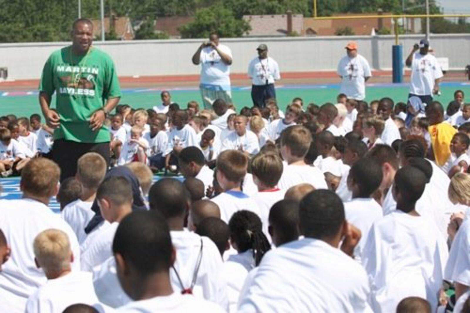 Martin Bayless addresses the kids during the Martin Bayless free football camp at Welcome Stadium on Sunday, June 8, 2008. DDN FILE