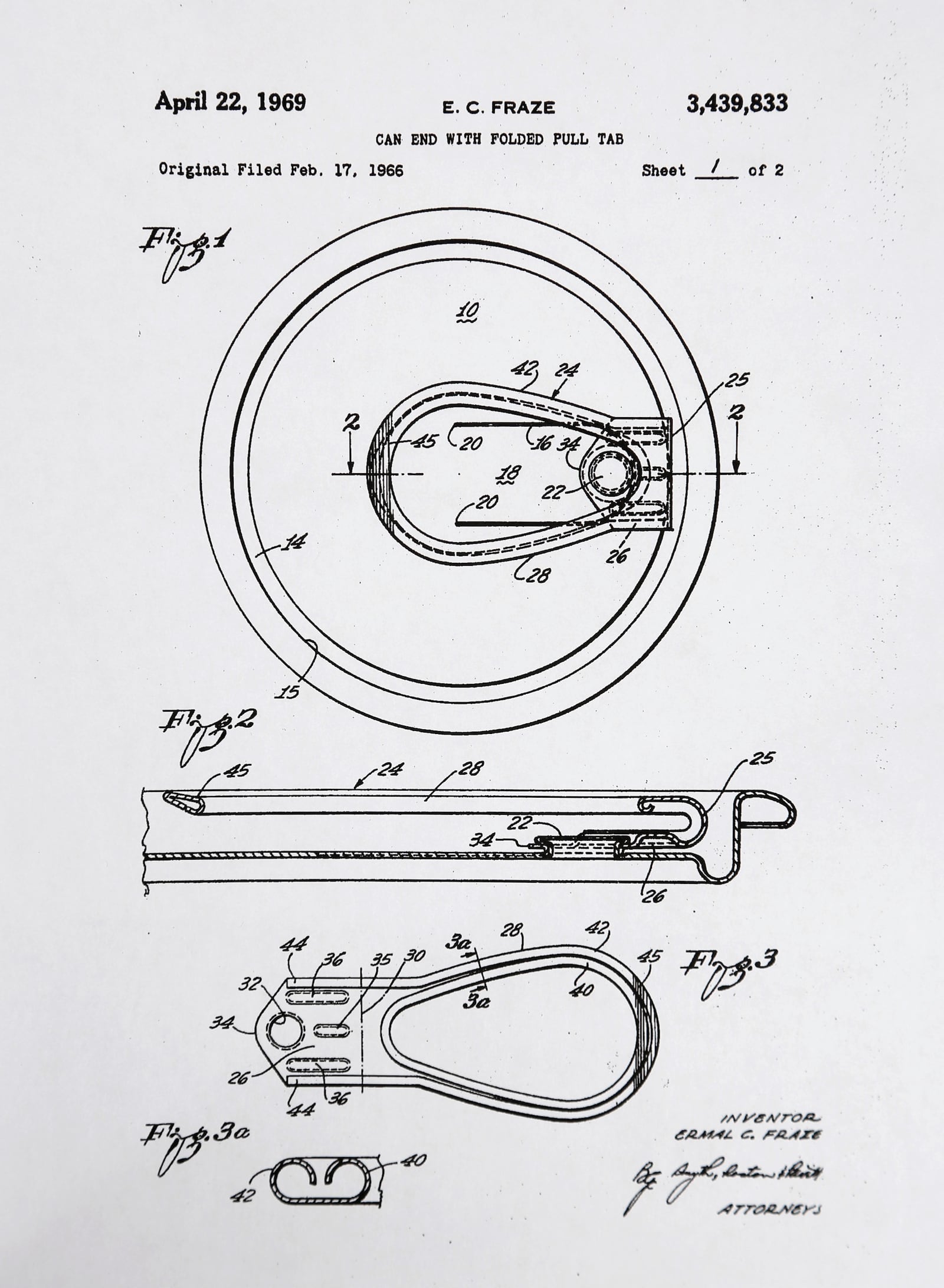 Ermal Fraze continued to improve on his original "pull-top" invention. This illustration is of the "can end with folded pull tab" patented in 1969.