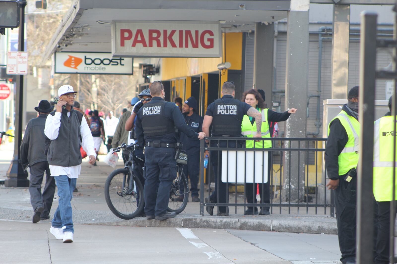 Half a dozen Dayton police officers and Greater Dayton RTA security staff watched over Wright Stop Plaza Transit Center on Jefferson Street in downtown Dayton on Thursday, Feb. 23, 2023. CORNELIUS FROLIK / STAFF