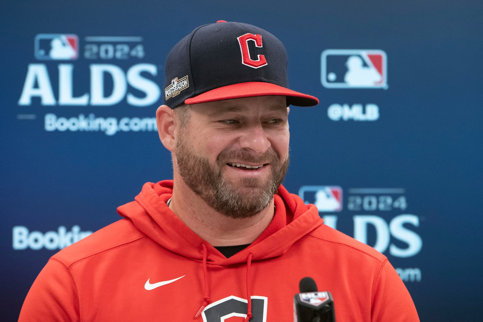 Cleveland Guardians manager Stephen Vogt speaks during a press conference before a baseball workout in Cleveland, Friday, Oct. 11, 2024, in preparation for Saturday's Game 5 of the American League Division Series against the Detroit Tigers.(AP Photo/Phil Long)