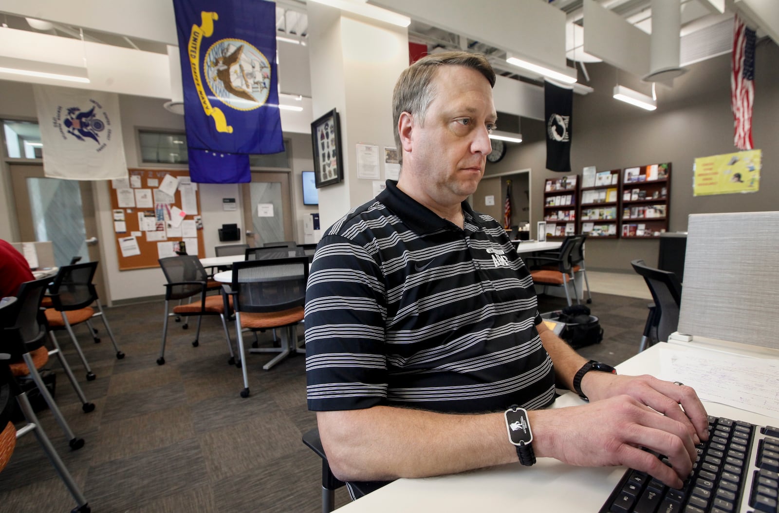 After 26 years in the Army, Matt Isenbart of Riverside is in school at Wright State University. The retired sergeant first class is embarking on a new career in human resources. CHRIS STEWART / STAFF