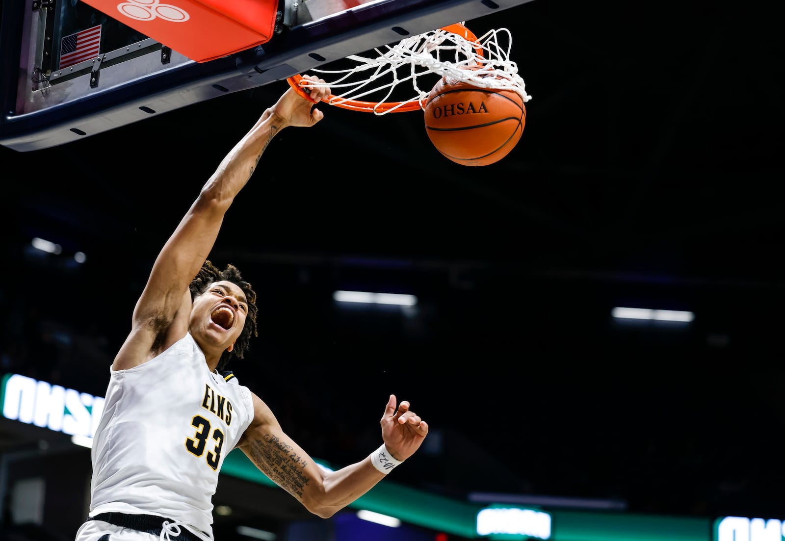 Centerville's Jonathan Powell dunks the ball during their Division I regional final basketball game against Fairfield Saturday, March 11, 2023 at Xavier University's Cintas Center. Centerville won 64-53. NICK GRAHAM/STAFF