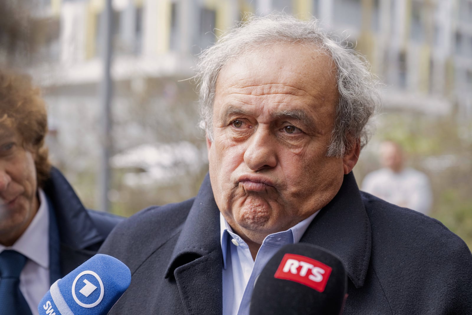 Former UEFA President, Michel Platini after the verdict at the special appeals court, in Muttenz, Switzerland, Tuesday, March 25, 2025. (Urs Flueeler/Keystone via AP)