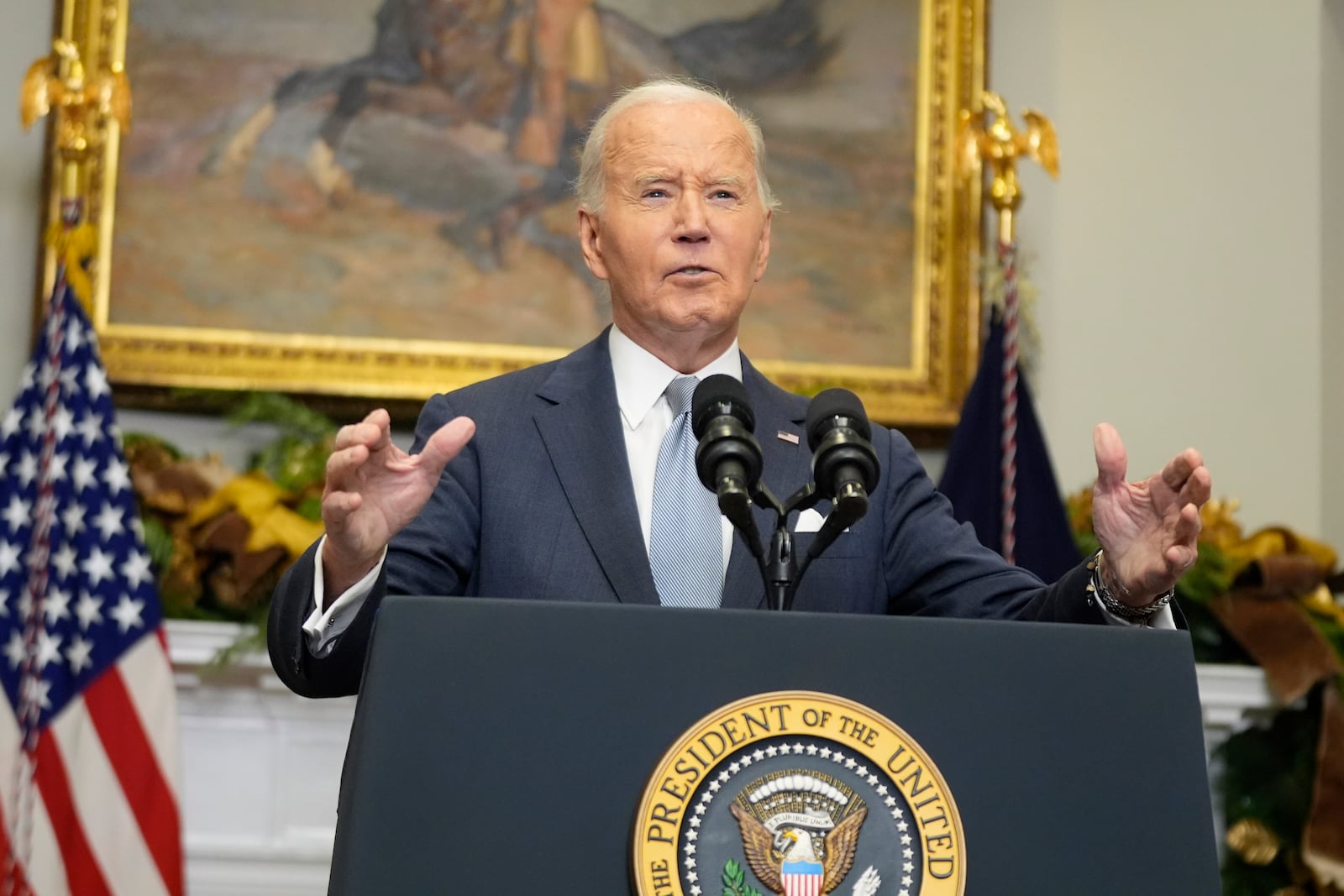 President Joe Biden speaks about the sudden collapse of the Syrian government under Bashar Assad from the Roosevelt Room at the White House in Washington, Sunday, Dec. 8, 2024. (AP Photo/Manuel Balce Ceneta)