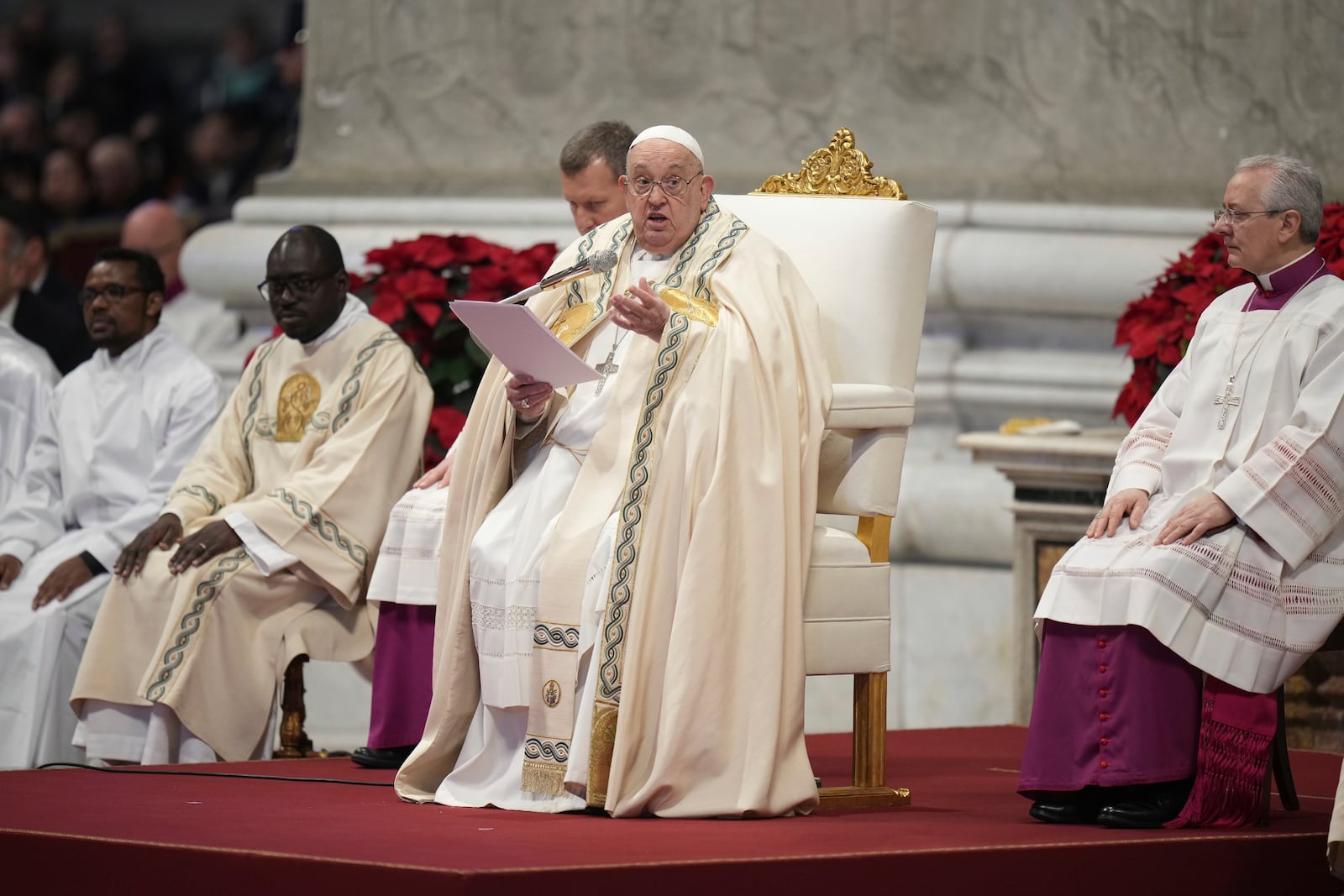 Pope Francis delivers his homily during a mass in St. Peter's Basilica at The Vatican on New Year's Day, Wednesday, Jan. 1, 2025. (AP Photo/Andrew Medichini)