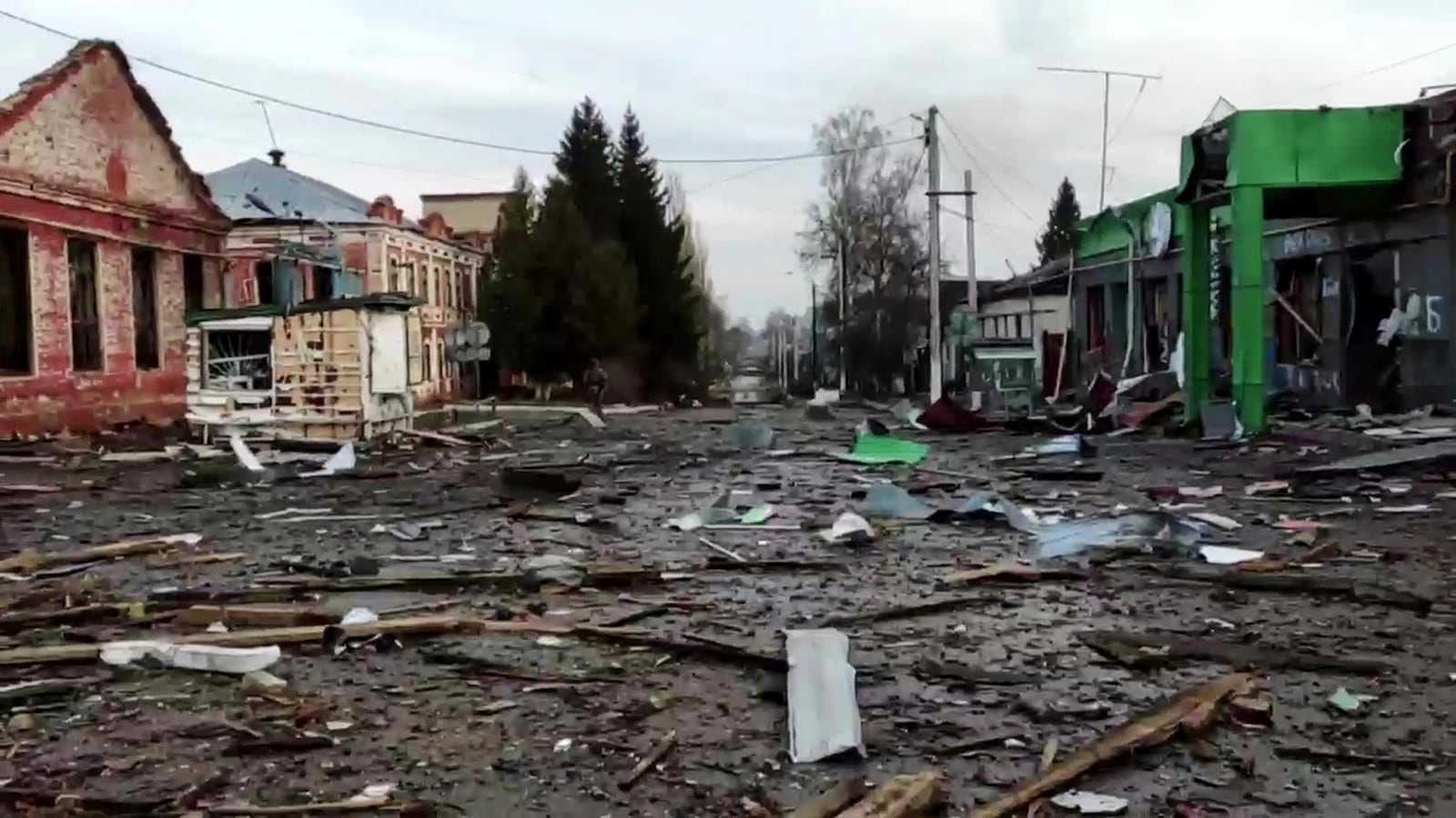 This photo taken from video distributed by Russian Defense Ministry Press Service on Thursday, March 13, 2025, shows an area in Sudzha, the Kursk region of Russia after it was taken over by Russian troops. (Russian Defense Ministry Press Service via AP)