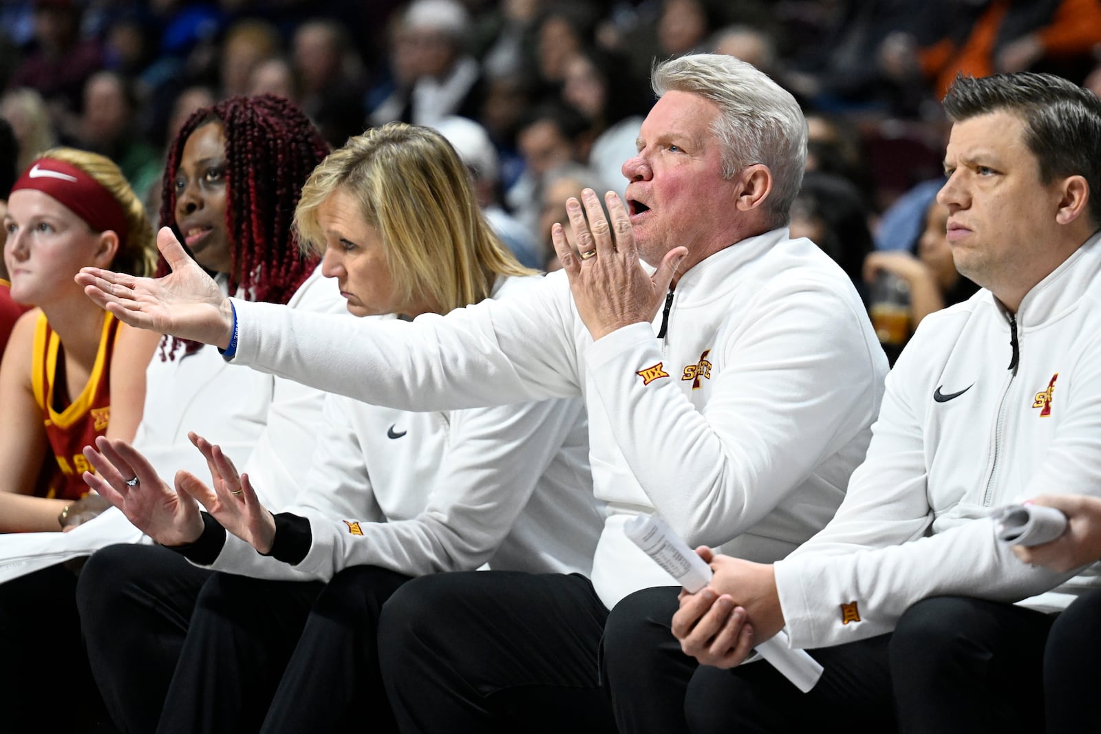 Iowa State head coach Bill Fennelly gestures to an official in the second half of an NCAA college basketball game against UConn, Tuesday, Dec. 17, 2024, in Uncasville, Conn. (AP Photo/Jessica Hill)