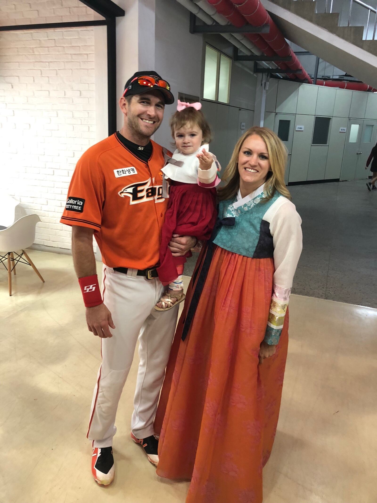 During Jared Hoying’s first season with Hanwha Eagles in Korea, his wife Tiffany threw out the first pitch in game on the national three-day harvest holiday called Chuseok.That day she, like their daughter Carly, wore the traditional Korean dress called a Hanbok. CONTRIBUTED