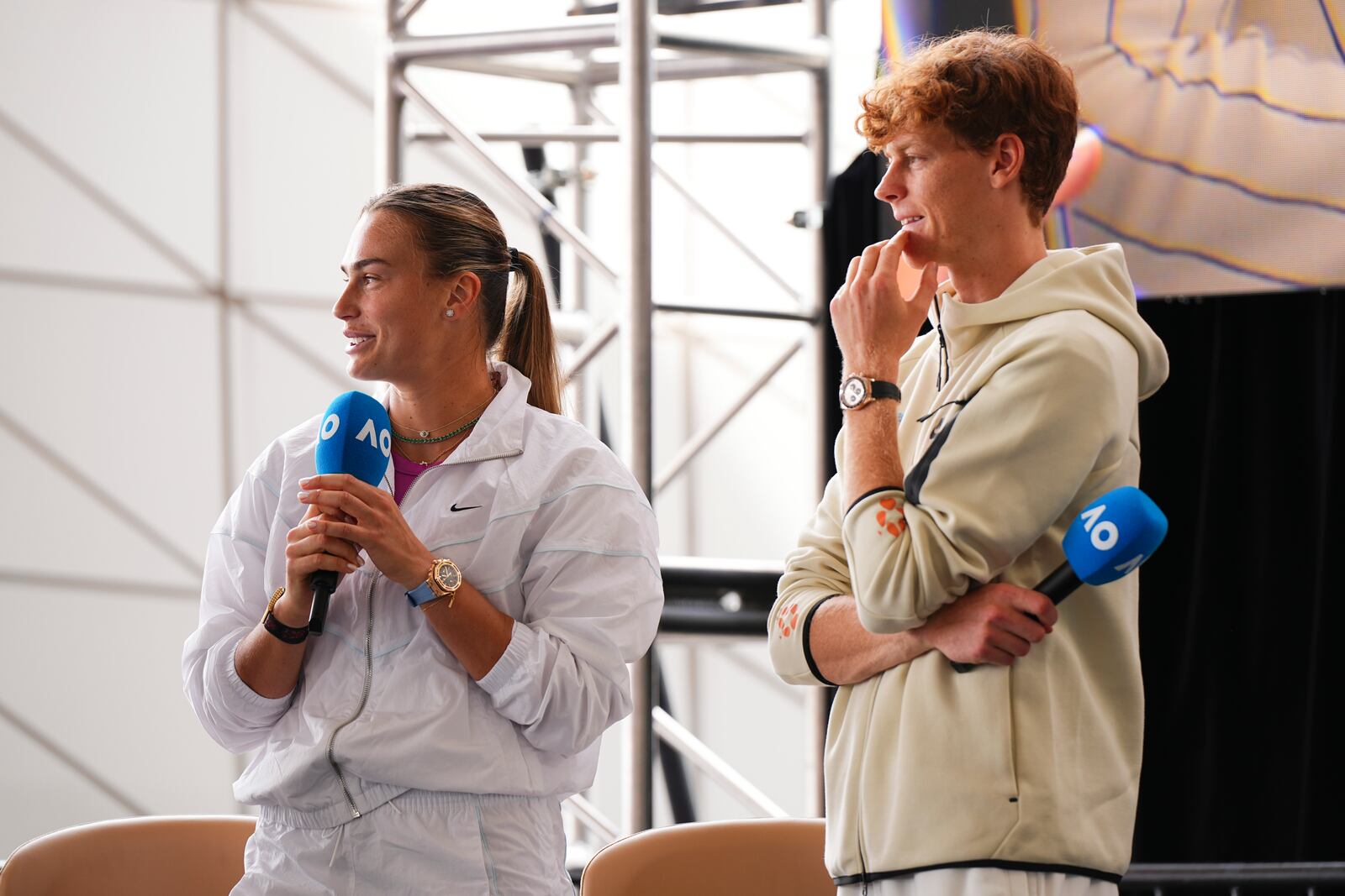 Defending champions Aryna Sabalenka and Jannik Sinner attend the official draw ceremony ahead of the Australian Open tennis championship in Melbourne, Australia, Thursday, Jan. 9, 2025. (AP Photo/Vincent Thian)