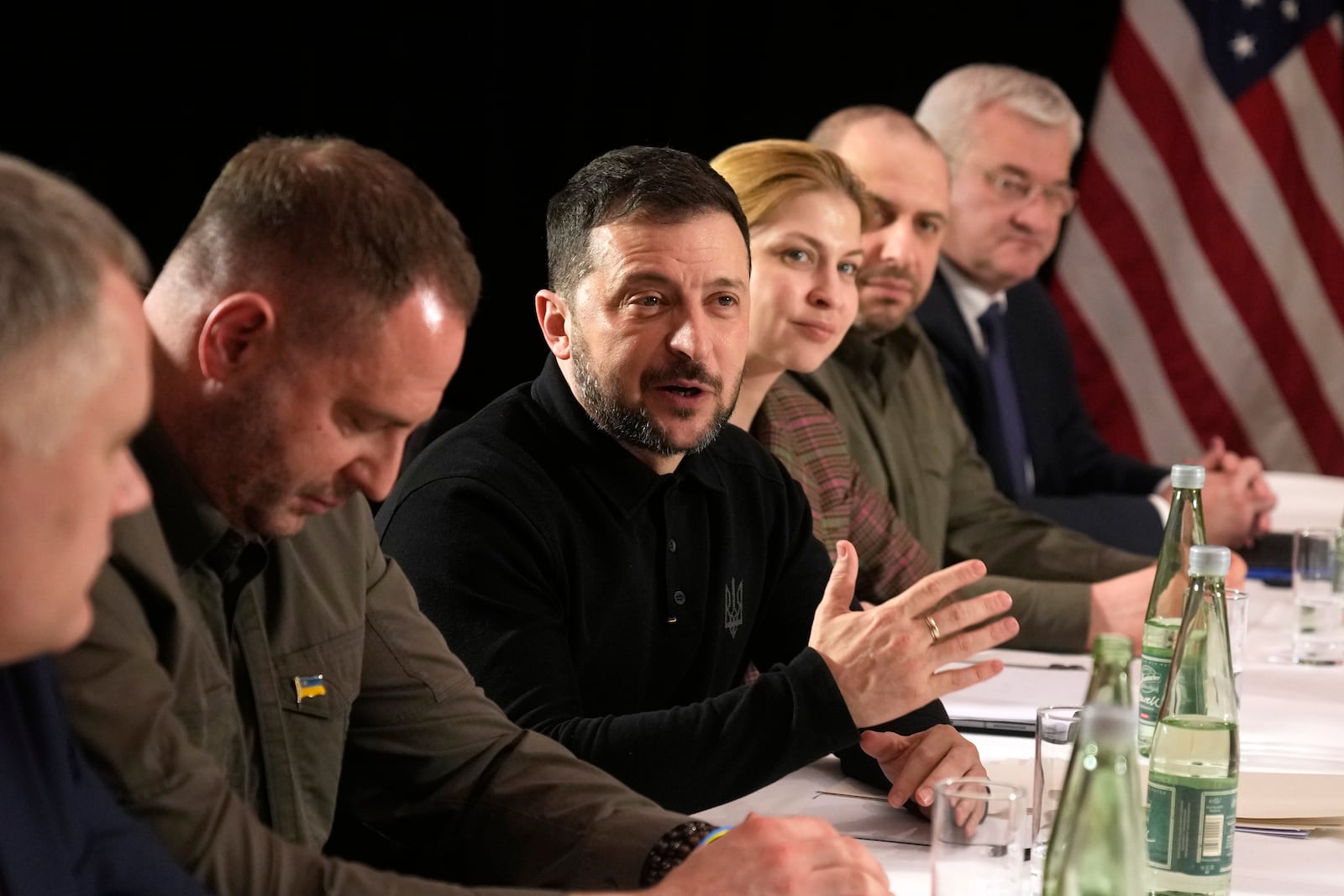 Ukraine's President Volodymyr Zelenskyy, third left, speaks during a bilateral meeting with United States Vice-President JD Vance on the sidelines of the Munich Security Conference in Munich, Germany, Friday, Feb. 14, 2025. (AP Photo/Matthias Schrader)