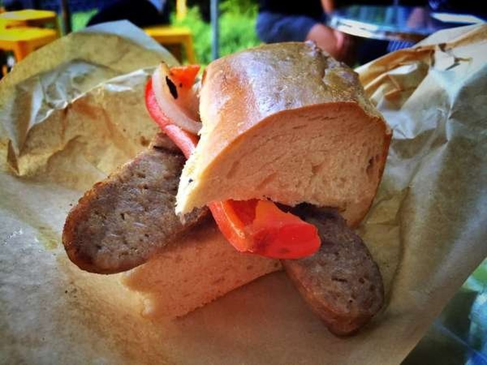 La Pampa’s Chori-pan is chock full of local pork sausage, grilled veggies on organic baguette bread with chimichurri made with fresh herbs. CONNIE POST/STAFF