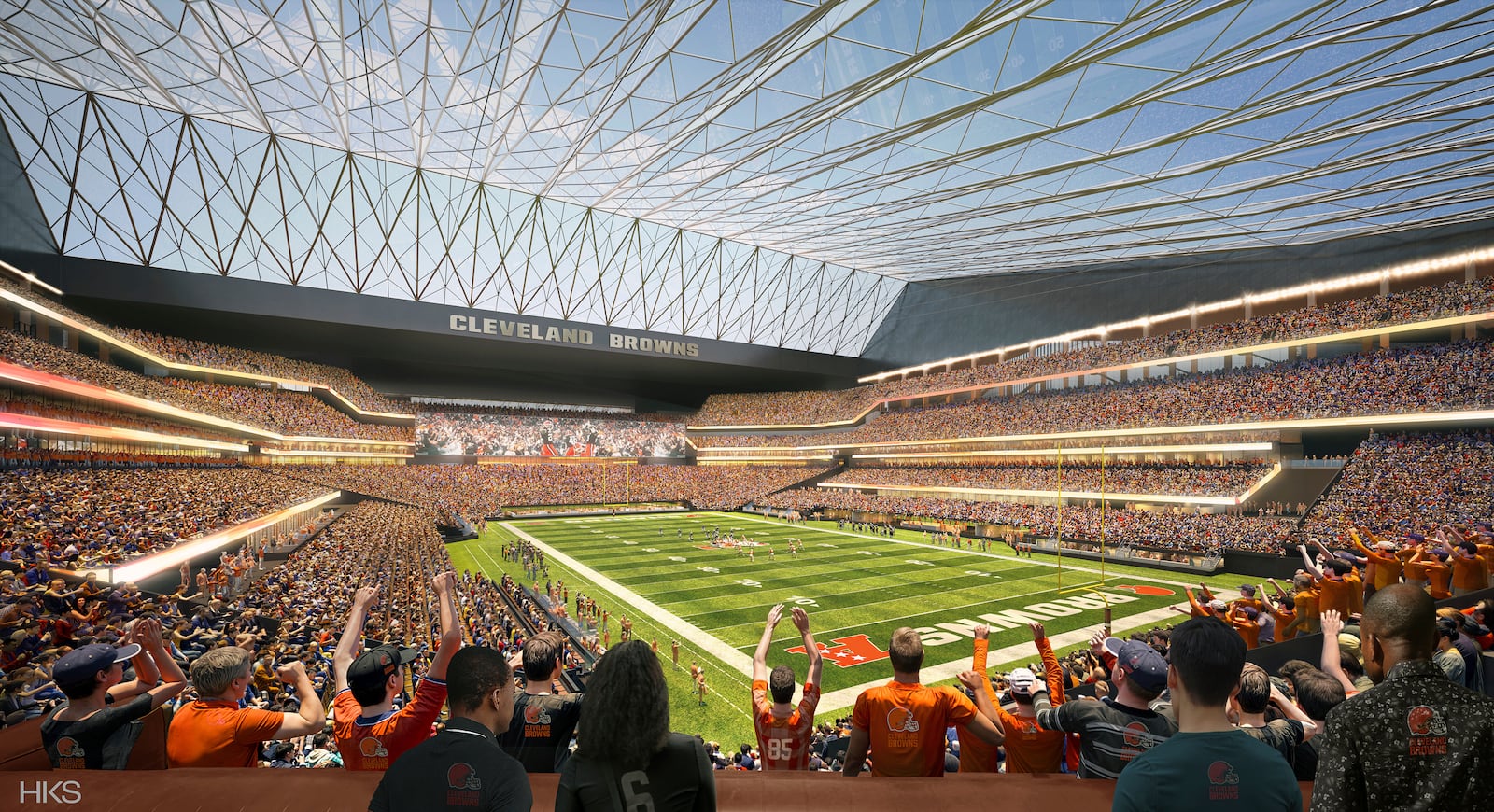 This artists rendering provided by HKS shows a proposed domed stadium for the Cleveland Browns. (HKS/Cleveland Browns via AP)