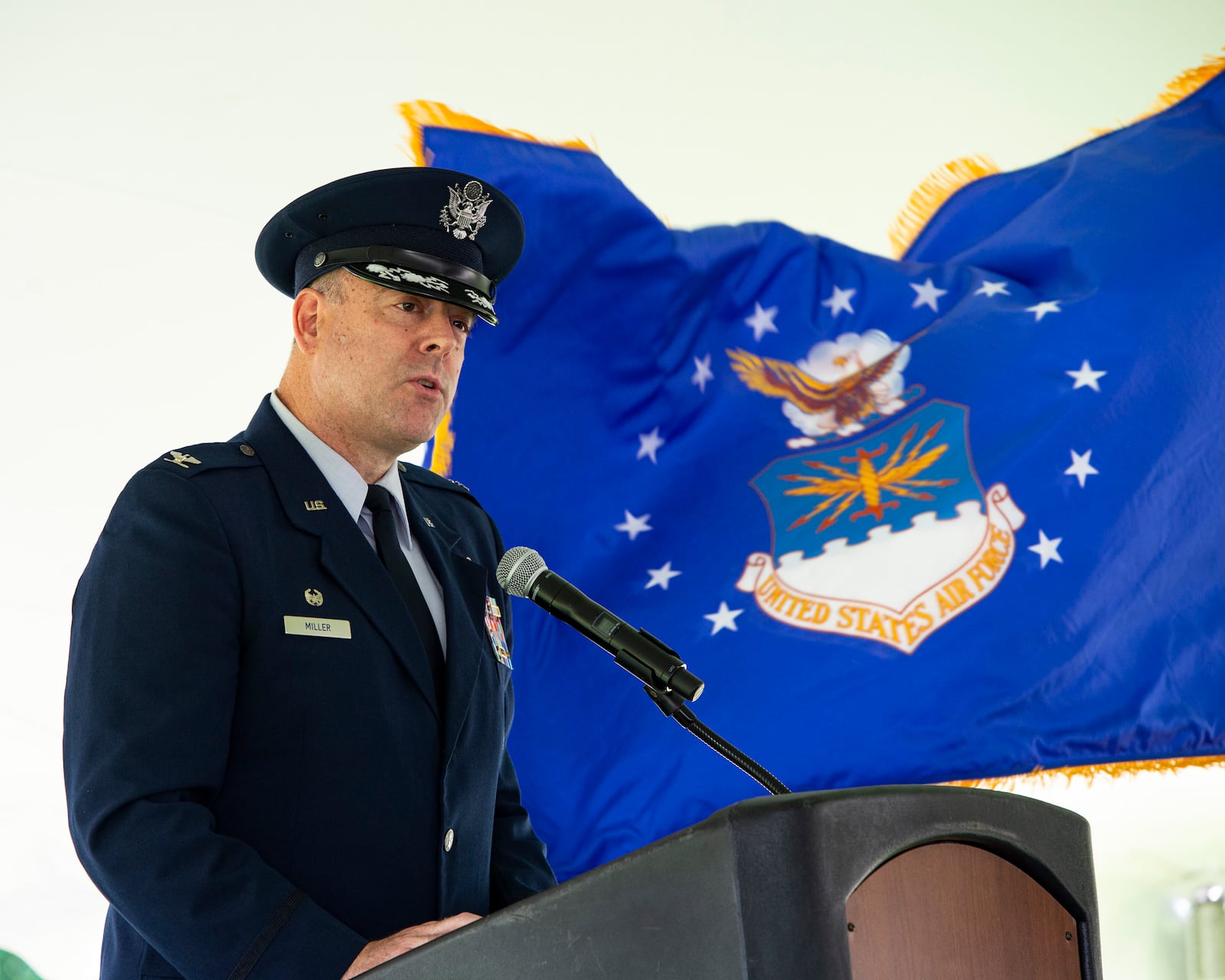 Col. Patrick Miller, 88th Air Base Wing and Wright-Patterson Air Force Base commander, speaks during a Memorial Day ceremony May 30 at Dayton National Cemetery. Local military and civilian leaders and community members participated in Memorial Day events in the greater Dayton area. U.S. Air Force photo/Jaima Fogg
