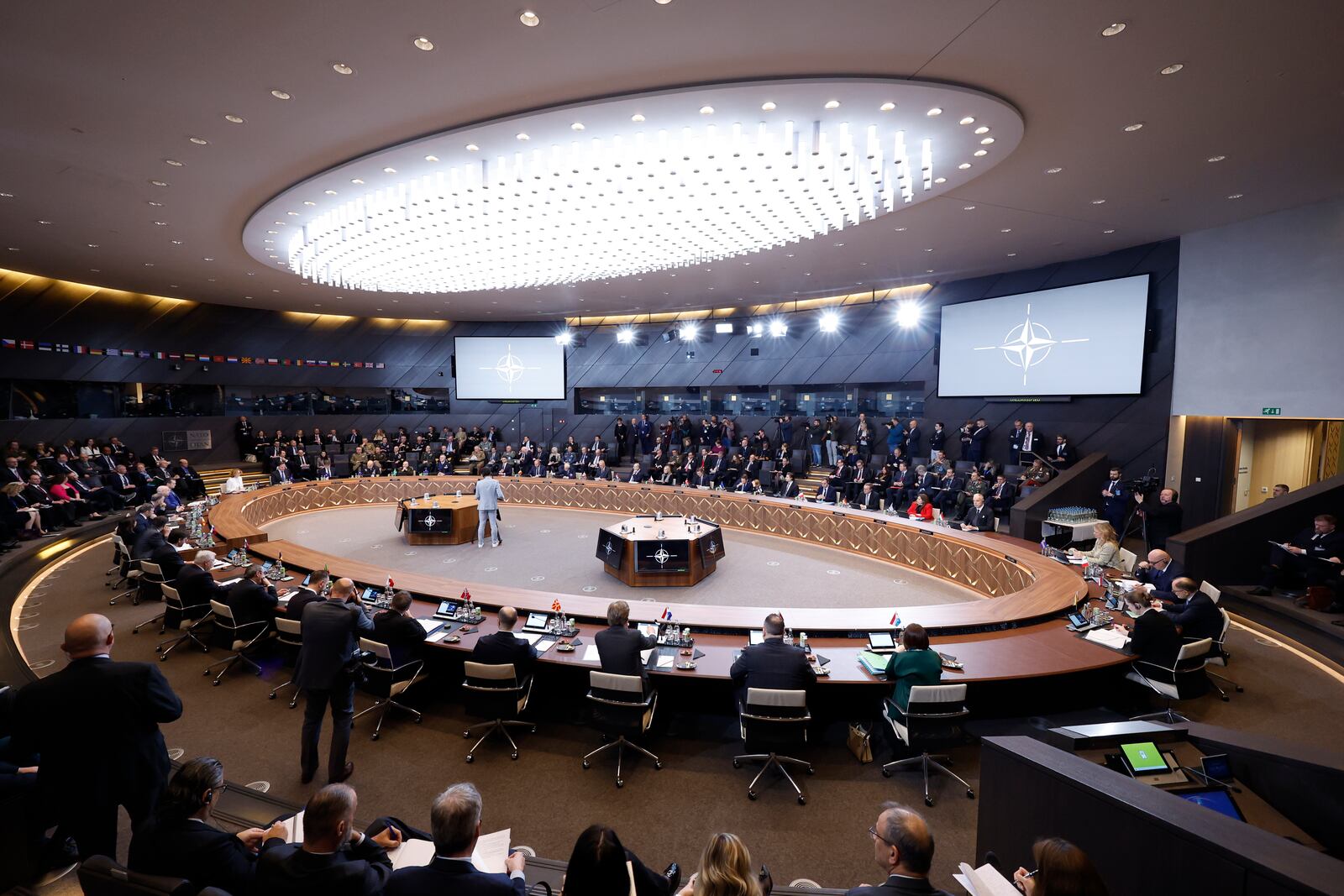 A general view of a meeting of the North Atlantic Council at NATO headquarters in Brussels, Thursday, Feb. 13, 2025. (AP Photo/Geert Vanden Wijngaert)