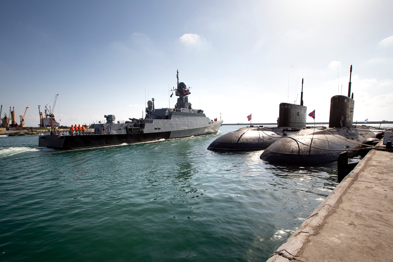 FILE - The Russian missile ship, the Veliky Ustyug, sails from the Russian naval base in Tartus, Syria, in the eastern Mediterranean, on Sept. 26, 2019. (AP Photo/Alexander Zemlianichenko, File)