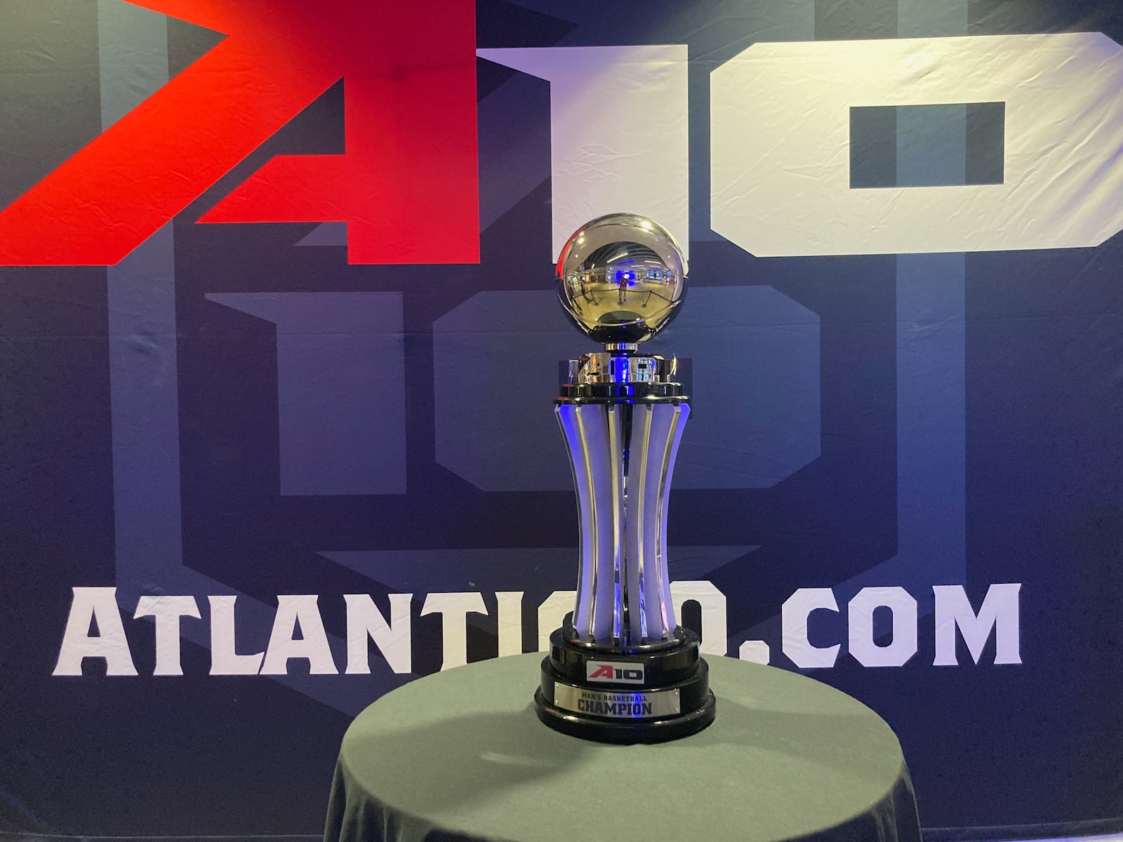 The Atlantic 10 Conference tournament championship trophy is on display at Capital One Arena on March 10, 2022, in Washington, D.C. David Jablonski/Staff