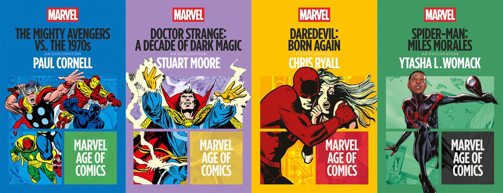 This combination of book covers shows, from left, "The Mighty Avengers vs The 1970s" by Paul Cornell, "Doctor Strange: A Decade of Dark Magic" by Stuart Moore, "Daredevil: Born Again" by Chris Ryall, and "Spider-Man: Miles Morales" by Ytasha L. Womack. (Bloomsbury/Marvel via AP)