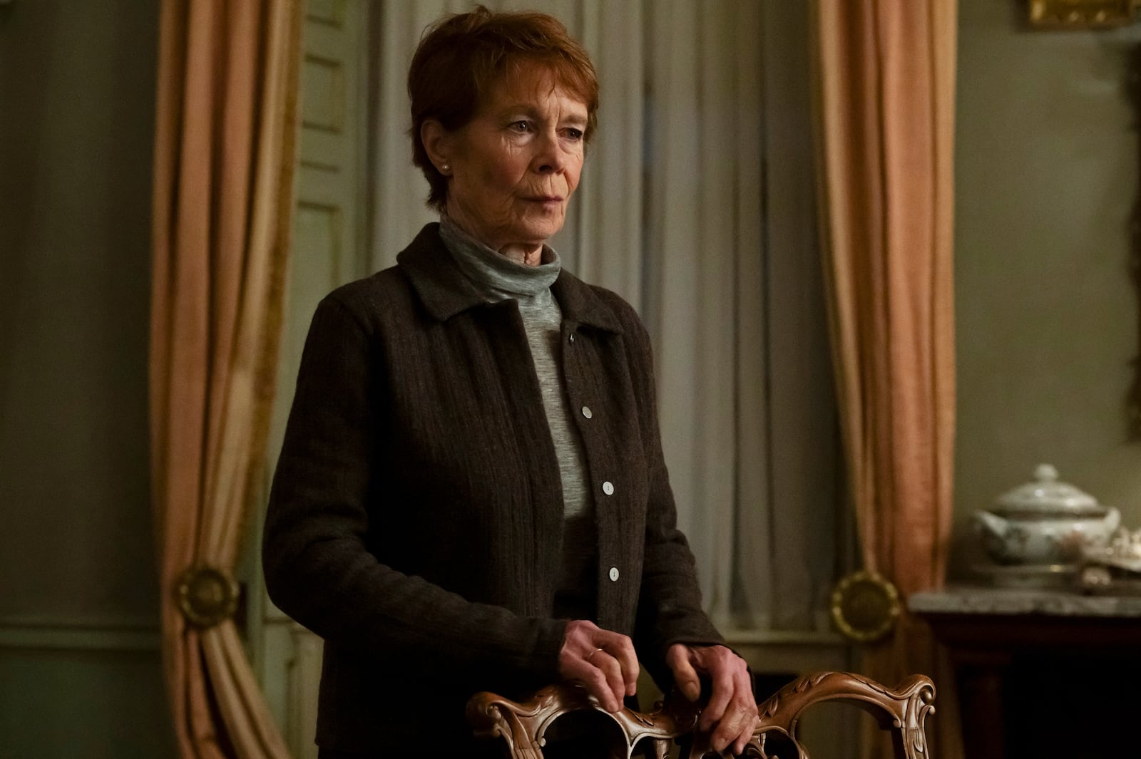 This image released by Netflix shows Celia Imrie in a scene from "The Diplomat." (Alex Bailey/Netflix via AP)